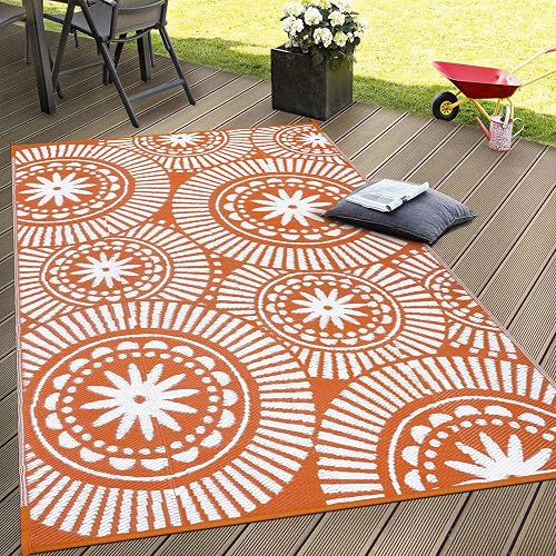 Ileading Outdoor Patio Rug Waterproof, Reversible Plastic Straw Mat, Orange Geometric (5×8 ft)
