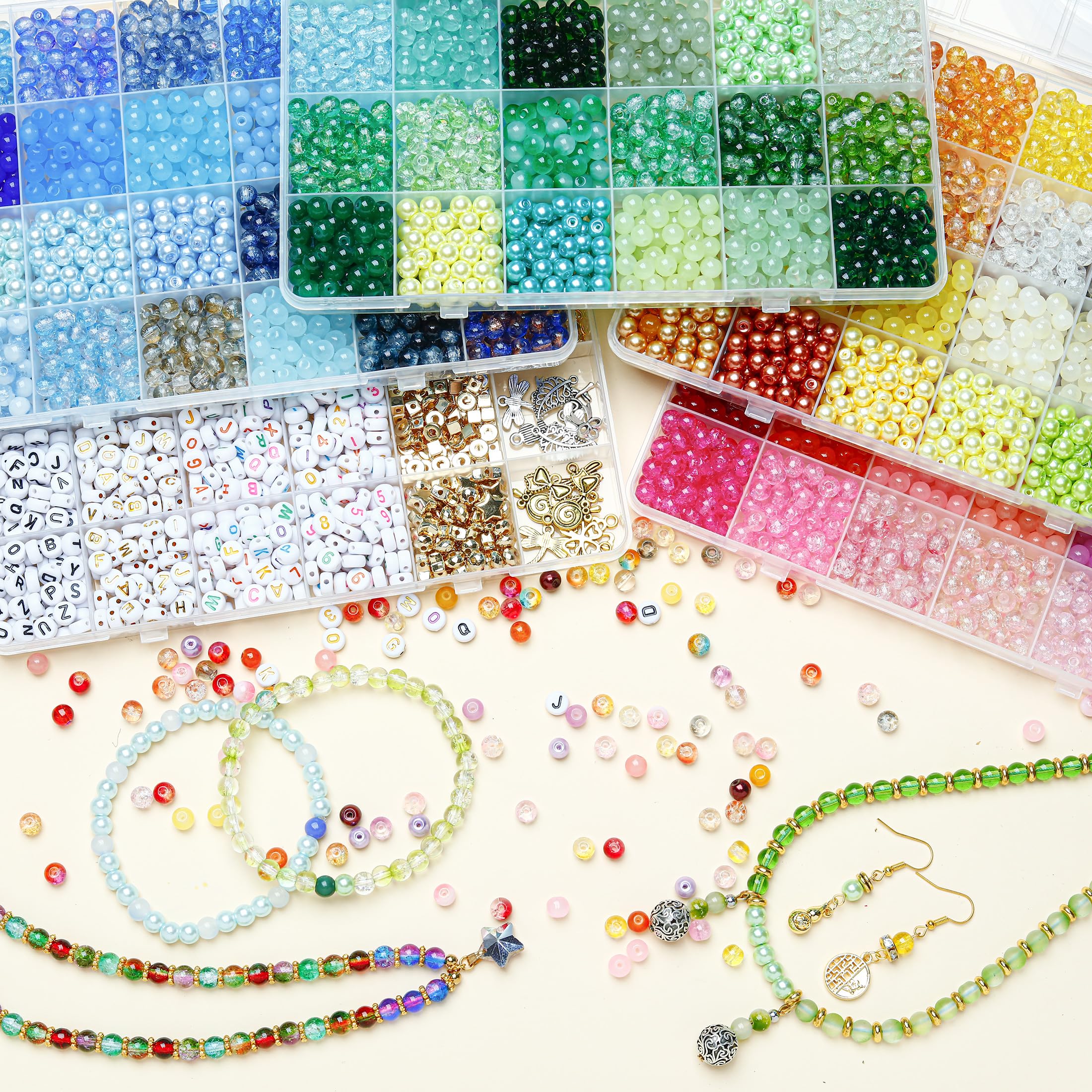 Glasperlen-Set, 6 mm, runde Perlen in 96 Farben, für Schmuckherstellung, 3056 Stück