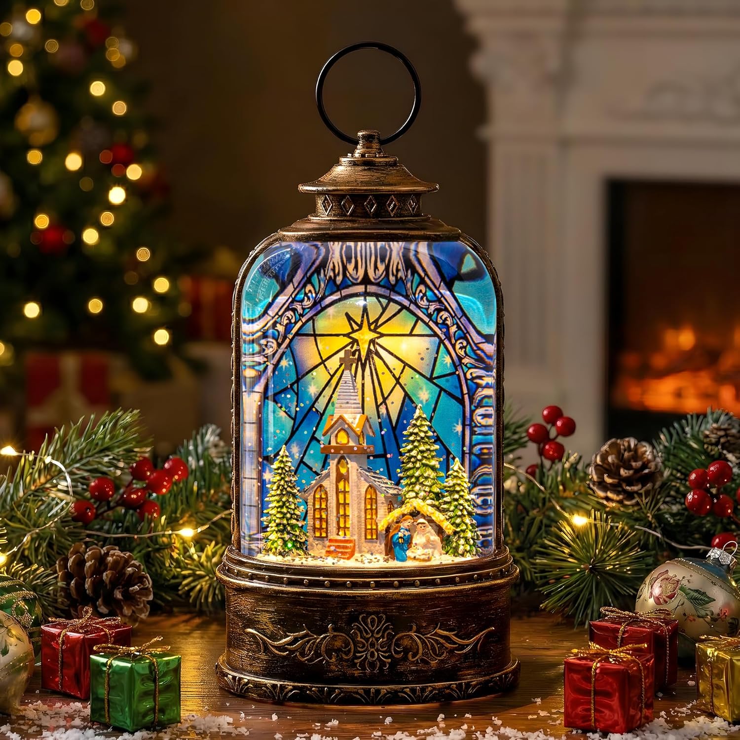 Musical Snow Globe Lantern Lighted Church with Nativity Scene Water Lantern in Swirling Glitter Christmas Home Decoration and Gift, Battery Operated or USB Powered