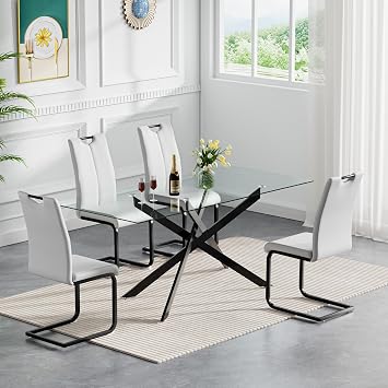 5-Piece Glass Dining Table Set with 4 PU Leather Chairs, Black Metal Frame, 60.63 Rectangular Glass Dining Room Table Set for 4, Space Saving Glass Kitchen Table and Chair Set for 4