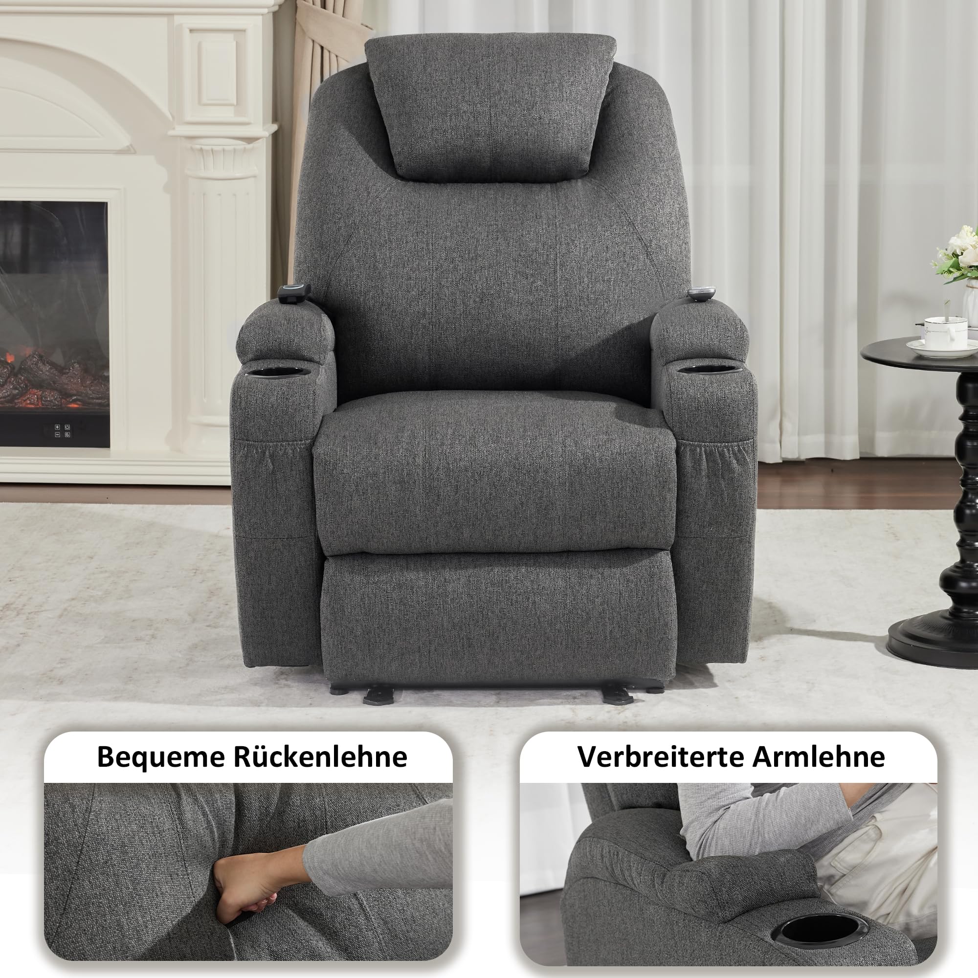 M MCombo Elektrisch Relaxsessel Massagesessel Fernsehsessel Liegefunktion Vibration Heizung 7061 neues Modell, Ergonomisch (Grau-Stoff)