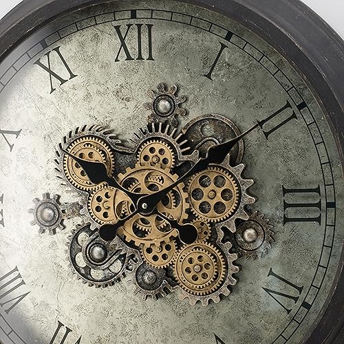 Miniatura 2 de Benjara - Reloj de pared de 28 pulgadas, diseño redondo de engranaje vintage, acabado marrón oscuro, negro y dorado