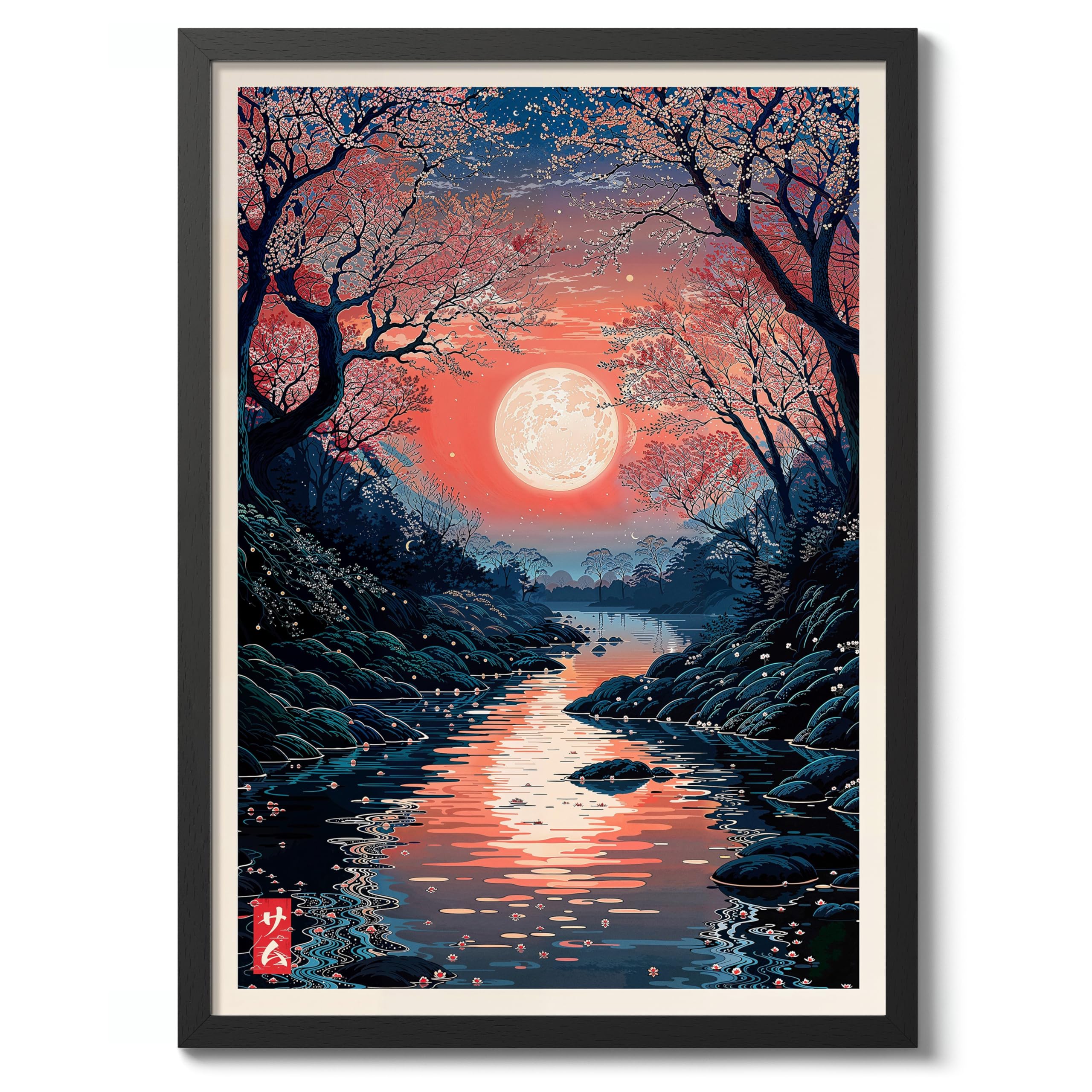 Red Moon, Cherry Blossom Anime Woodblock Poster Modern Ukiyo-E, Japanese Cartoon Illustration Print, Archival Matte, A1 (Black Frame) - 84.1x59.4cm