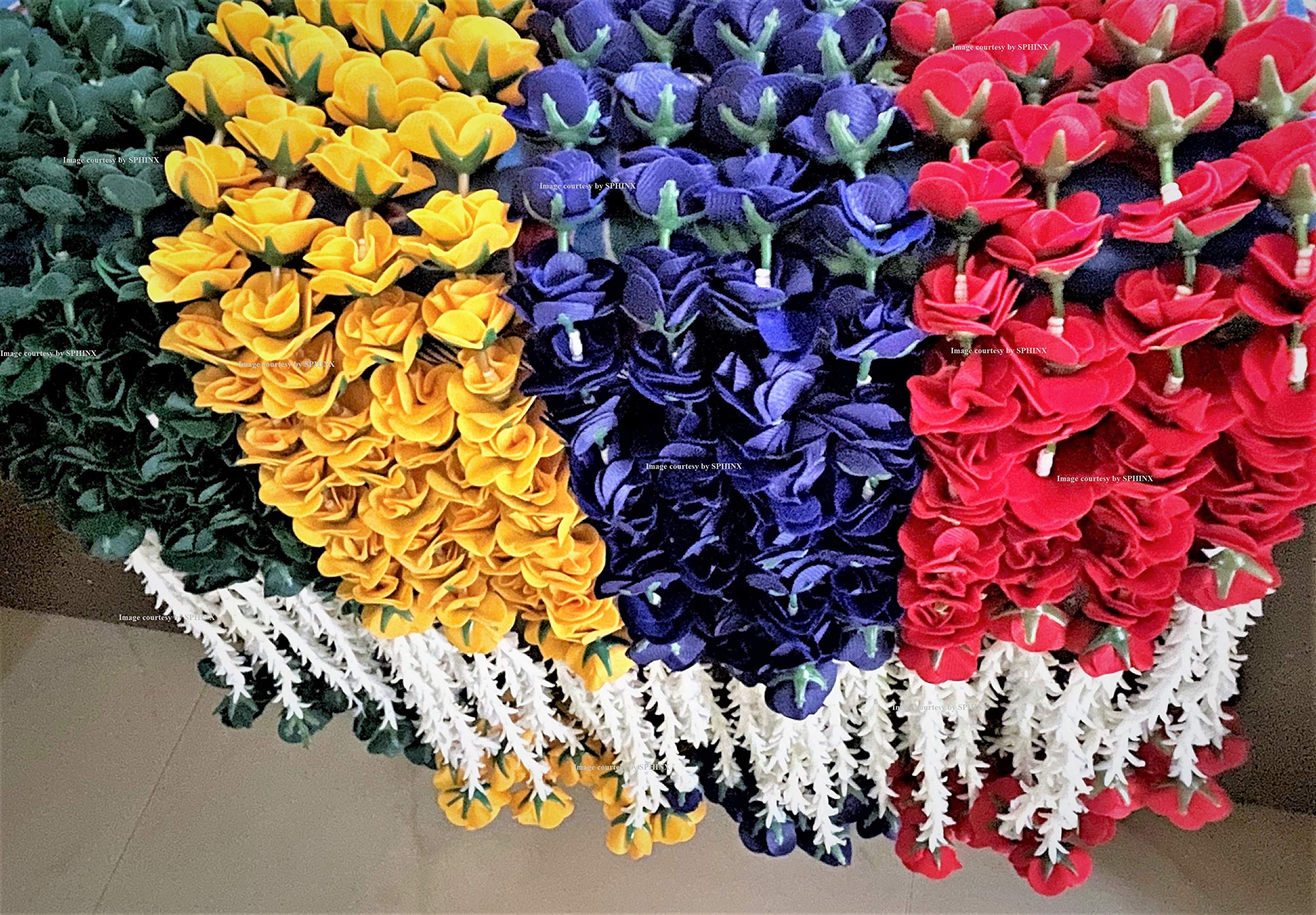 Sphinx artificial velvet roses garlands with clustered tuberose (rajnigandha) for festive pooja wedding housewarming decorations approx. 2.5 ft (Mix Colors, 15)