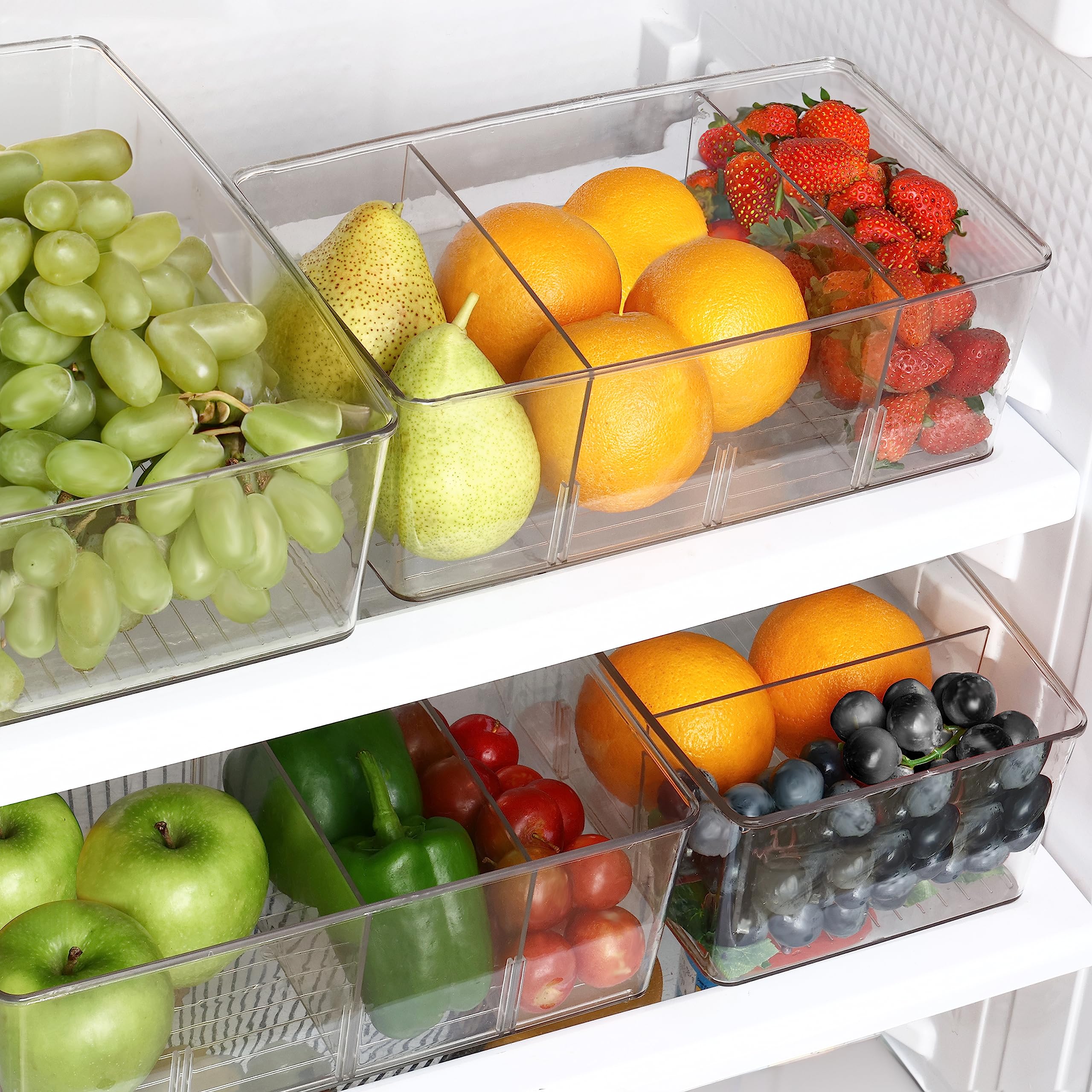 Winter Shore Küchenschrank Organizer [5er-Pack] - Aufbewahrungsbox Küche für Snacks, Gewürze, Getränke - Durchsichtige Küchen Organizer Aufbewahrung mit 4 Fächern & Herausnehmbaren Trennwänden