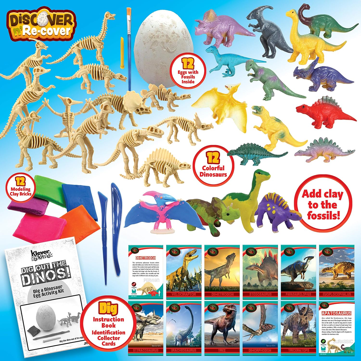 Dino Eggs Dig Kit - Dig It Up 12 Dinosaur Eggs & 12 Clay Kits & 12 Dinosaur Mini Figures - Dinosaur Toys for Kids 5-7 8-12 - Dinosaur Excavation Kits for Kids - Great STEM Learning for Boys & Girls