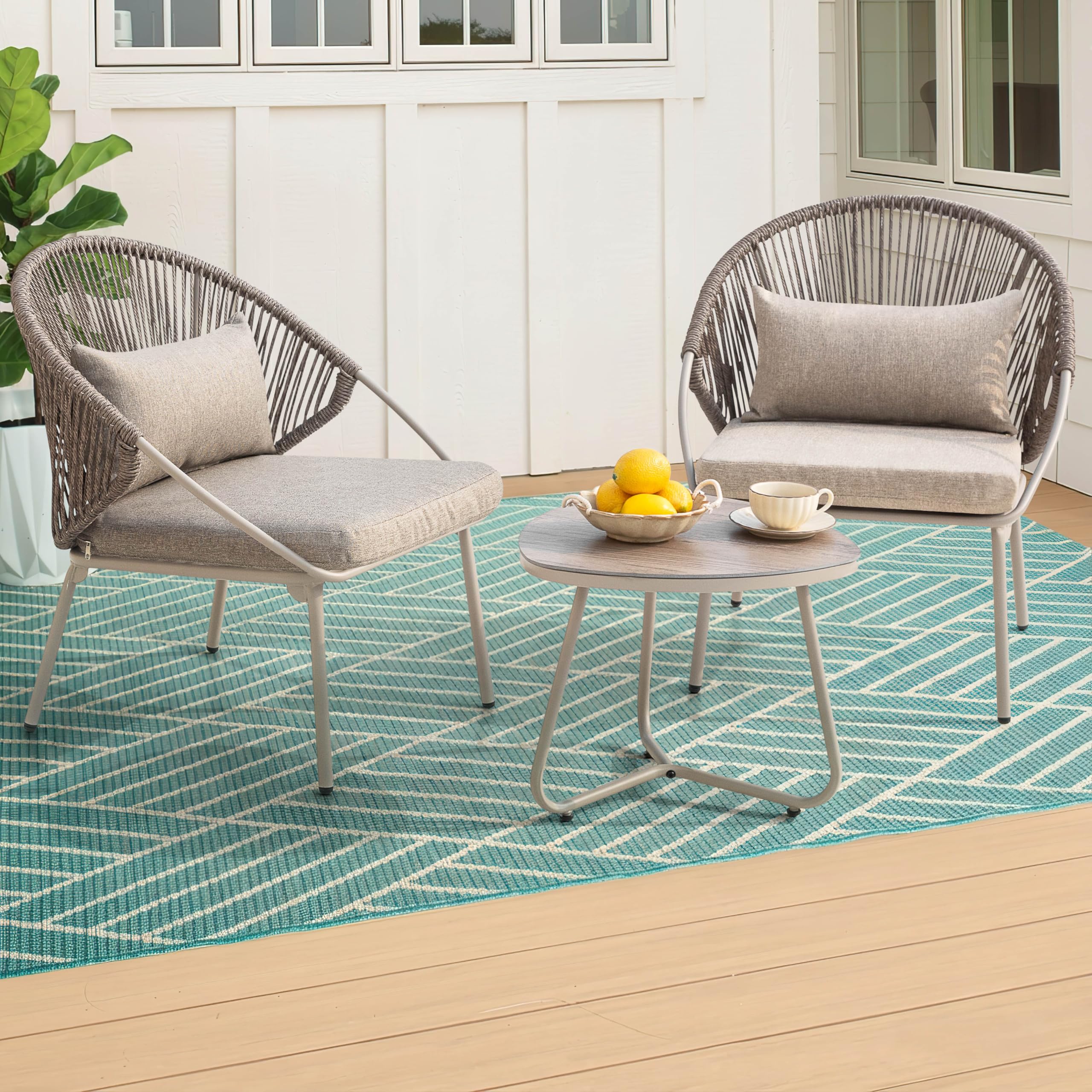 Avestar 3-Piece Patio Bistro Set, Outdoor PE Wicker Furniture with Zippered Cushions, Wood-Grain Top Table and 2 Twisted Rattan Chairs for Balcony, Backyard, Porch, Deck, Grayish Brown and White