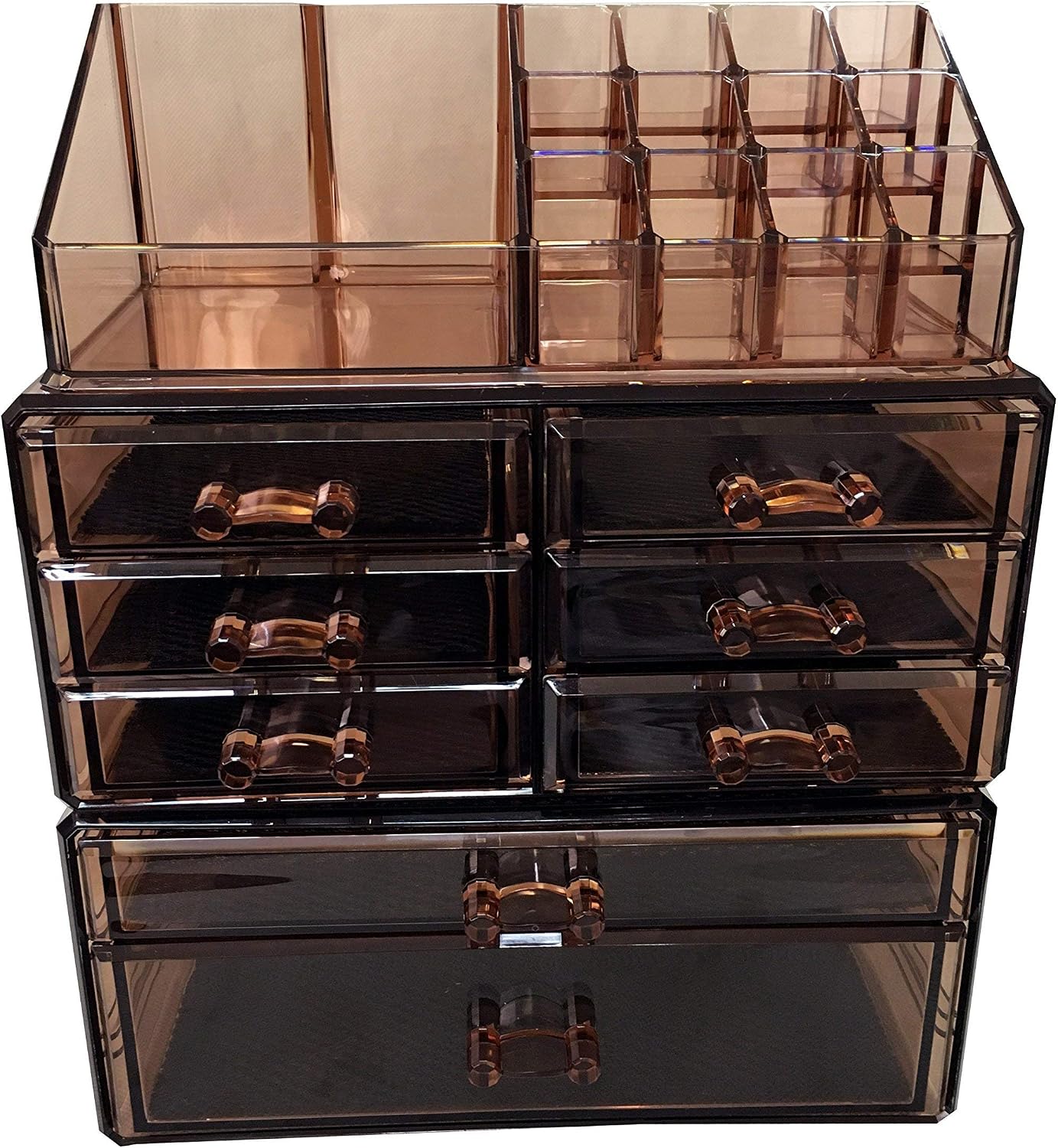 Sodynee Acrylic Makeup Cosmetic Organizer Storage Drawers Display Boxes Case, Three Pieces Set, Brown