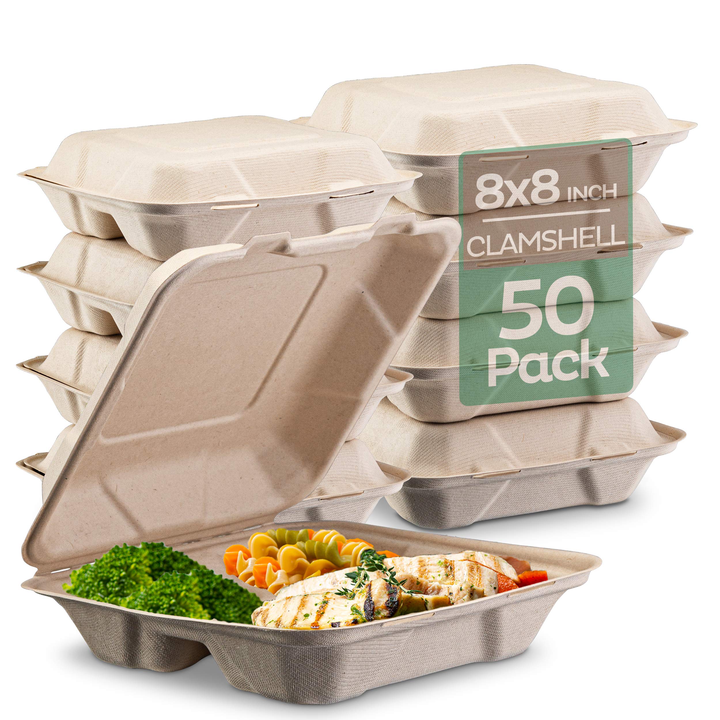 100 Compostable Clamshell Take Out Food Containers [8X8"