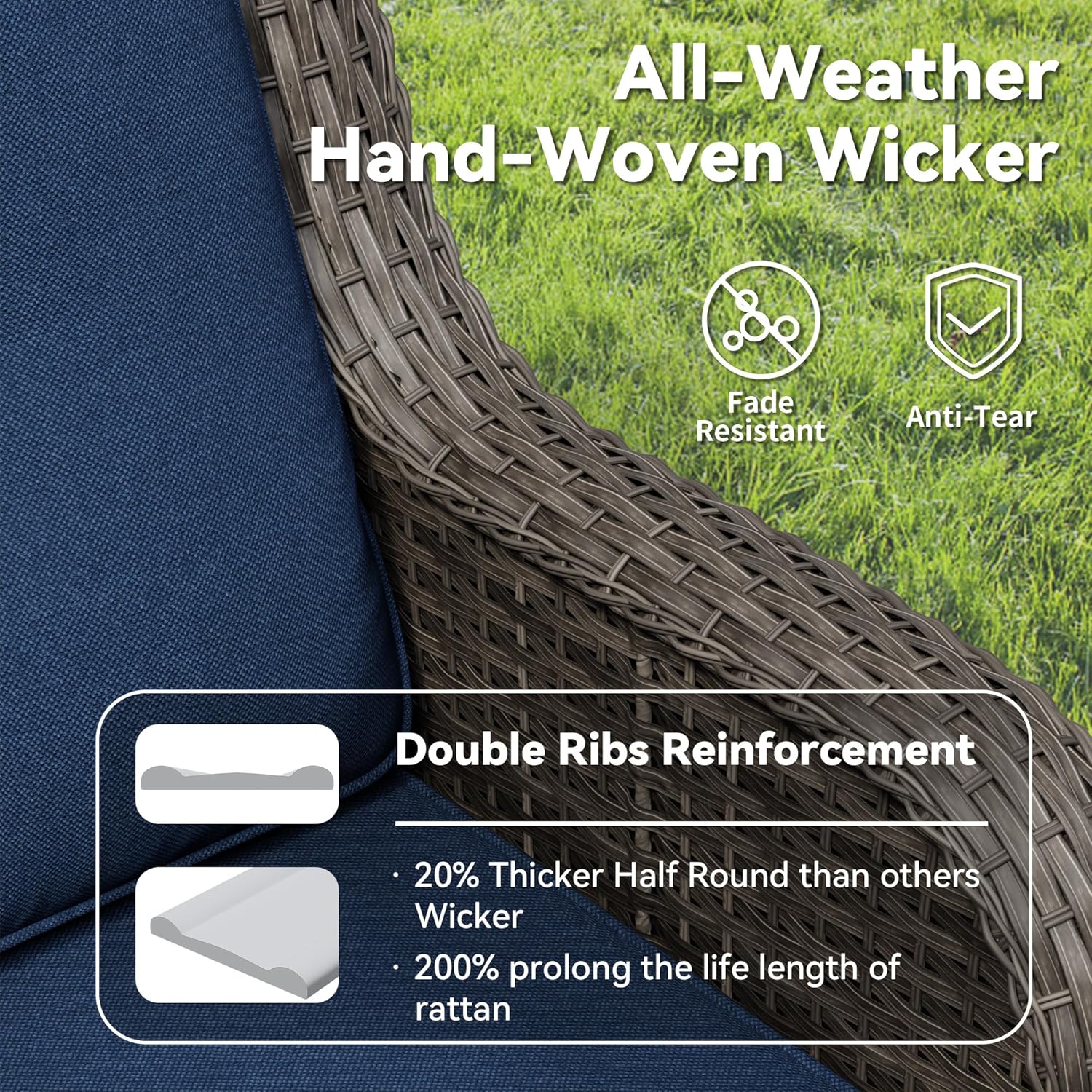 3-Piece Outdoor Couch Set, Include Wicker Patio Sofa with Thickened Olefin Cushions, High Back and Deep Seating, Hand-Woven PE Rattan and 2 Ottomans, Patio Conversation Set for Porch, Deck