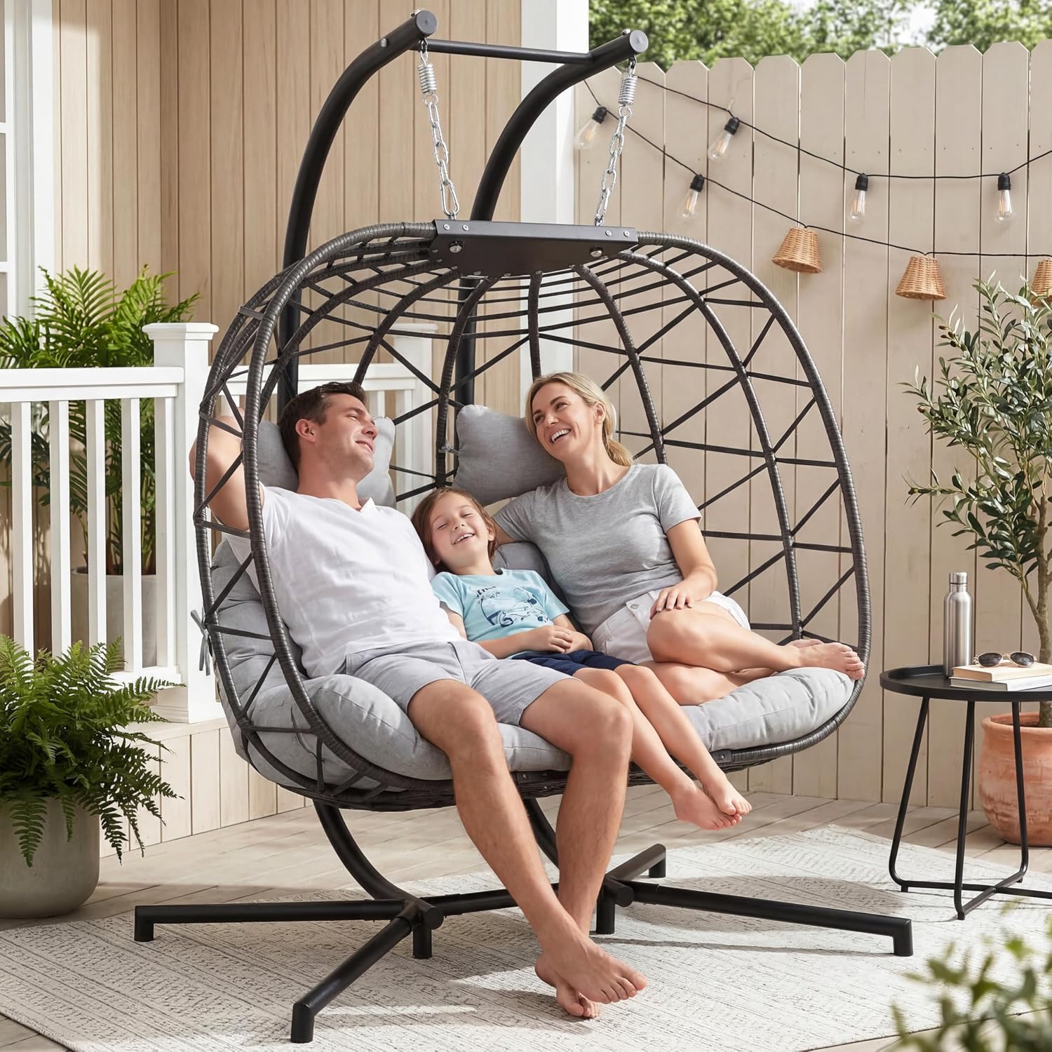 BLUEXYARD 2 Person Wicker Egg Chair with Stand, Extra Large Hanging Swing Hammock Chair Outdoor, Comfortable Patio Double Loveseat with Cushion for Backyard Balcony Indoor, Light Grey