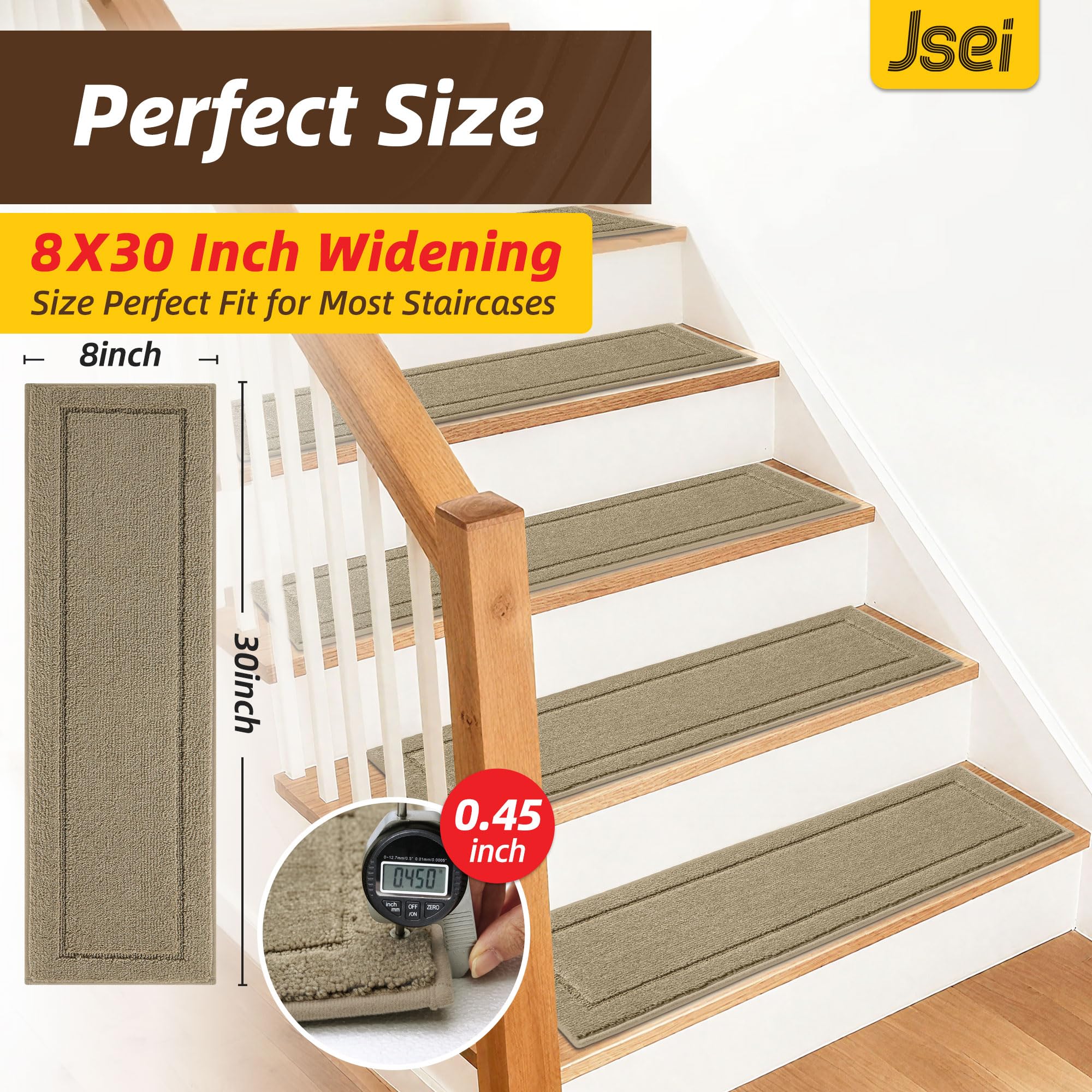 JSEI Stair Treads For Wooden Steps – 14 Pack, 9x28 Inches, 3D Leaf Pattern, Non-Slip TPE Backing, Machine Washable, Grey – For Kids & Elders