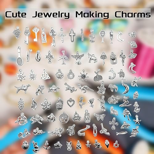 Miniatura 4 de LRDCREEE El kit de 183 piezas para hacer pulseras incluye 50 cuentas europeas, 100 dijes de plata para hacer joyas, 30 cuentas de tubo de fianza y