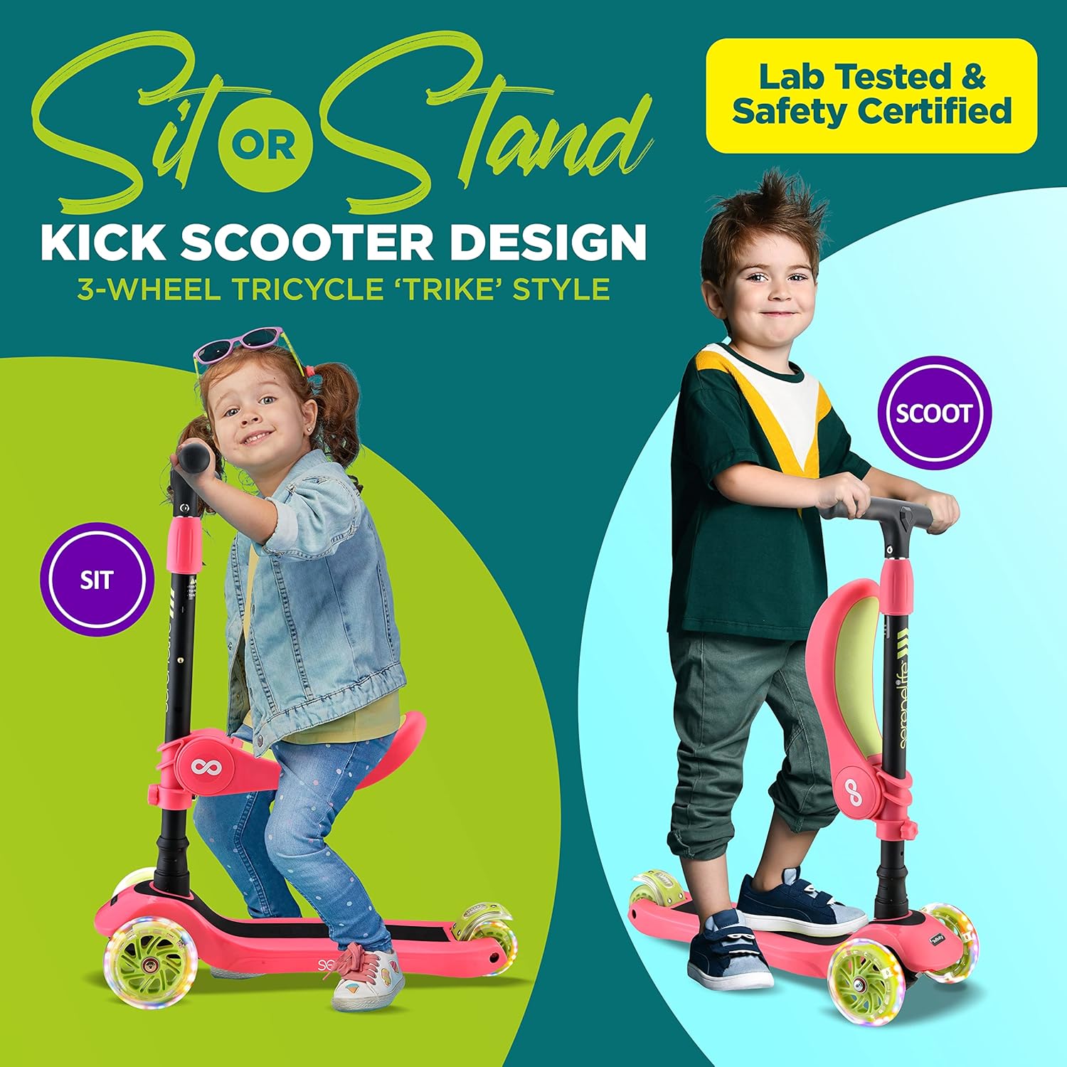 Serenelife 3 Wheeled Scooter for Kids - 2-in-1 Sit/Stand Child Toddlers Toy Kick Scooters w/ Flip-Out Seat, Adjustable Height, Wide Deck, Flashing Wheel Lights for Outdoor Fun - SLKS39 (Watermelon)