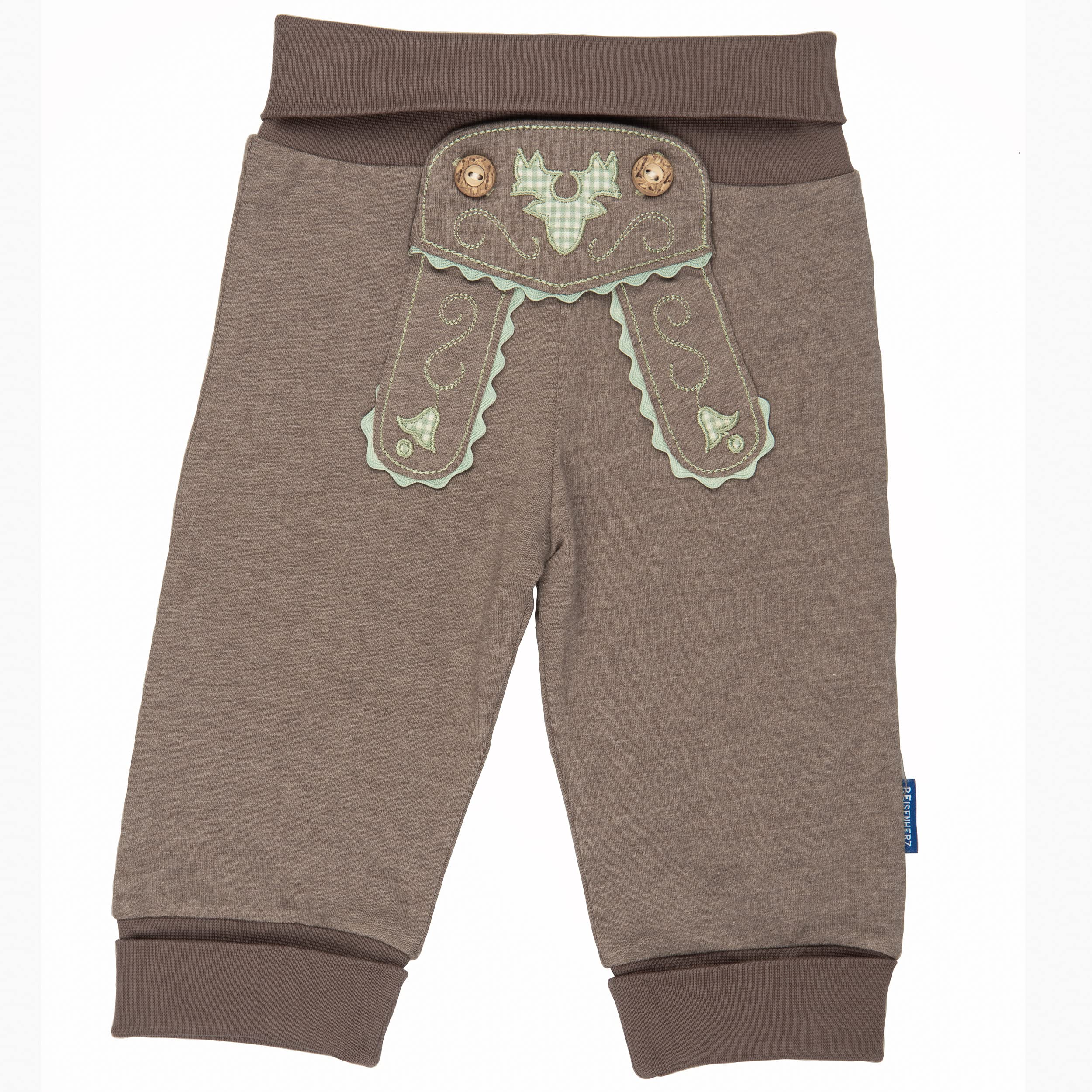 Trachten Set für Lausbuben im Geschenkkarton: Baby Body mit kurzem Arm und Applikation Hosenträger und Baby Jogginghose Lederhosen Look, braun/grün