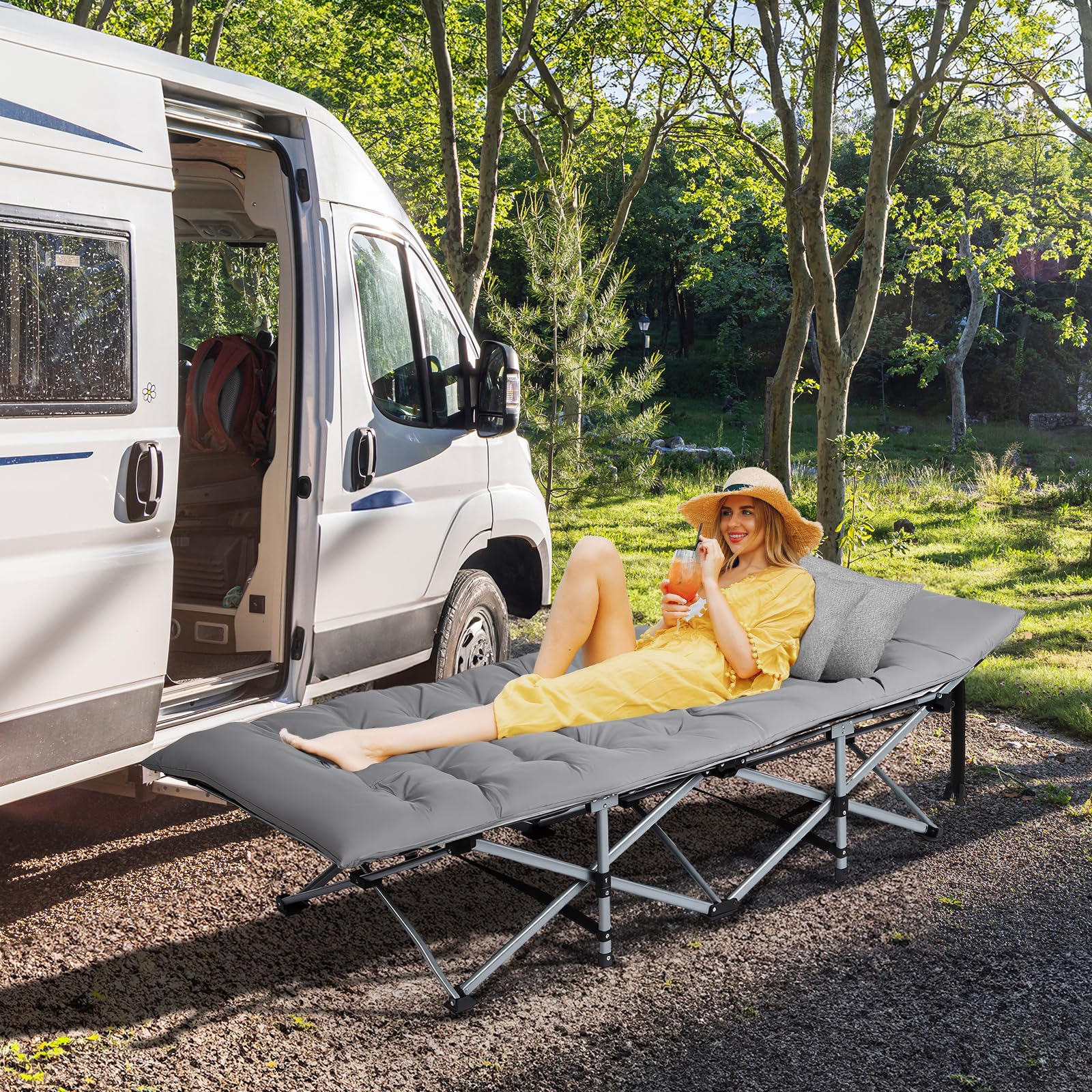 Bonnlo Lit de Camp Pliable en Acier avec Sac de Transport Lit de Camping en Oxford 600D Charge Max. Jusqu'à 150kg, Lit de Voyage Parfait pour Jardin, Camping, Plage et Intérieur, Gris, 190×71x36 cm