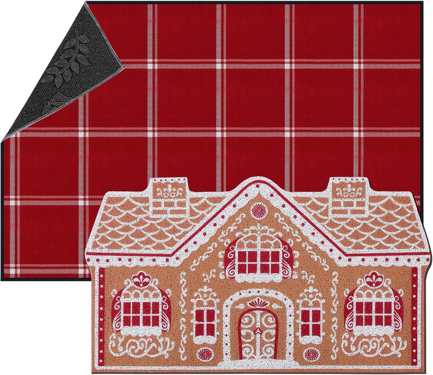Tinideya 2 Pcs Christmas Door Mat Combo Set Gingerbread House Doormat and Buffalo Plaid Welcome Mat Non Slip Outdoor Rug for Christmas Porch Entryway Indoor Outdoor Decor