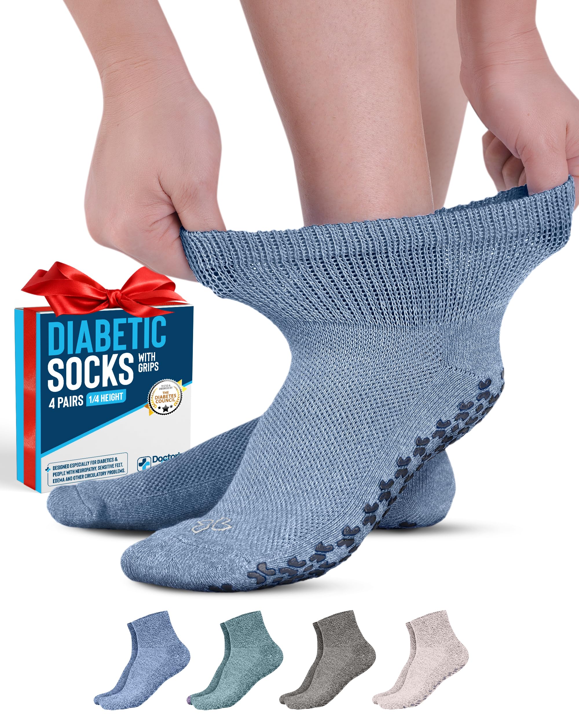 Doctor's Select Diabetic Ankle Socks with Grippers for Men and Women - 4 Pair 1/4 Length Neuropathy Socks for Women