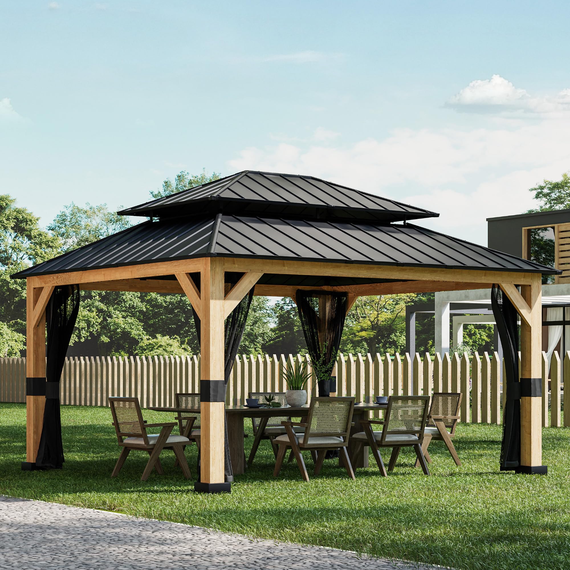 Joyside Wood Patio Gazebo - 13 x 11 ft. Cedar Wood Framed with Steel Frame Gable Roof Hardtop for Lawns, Parties