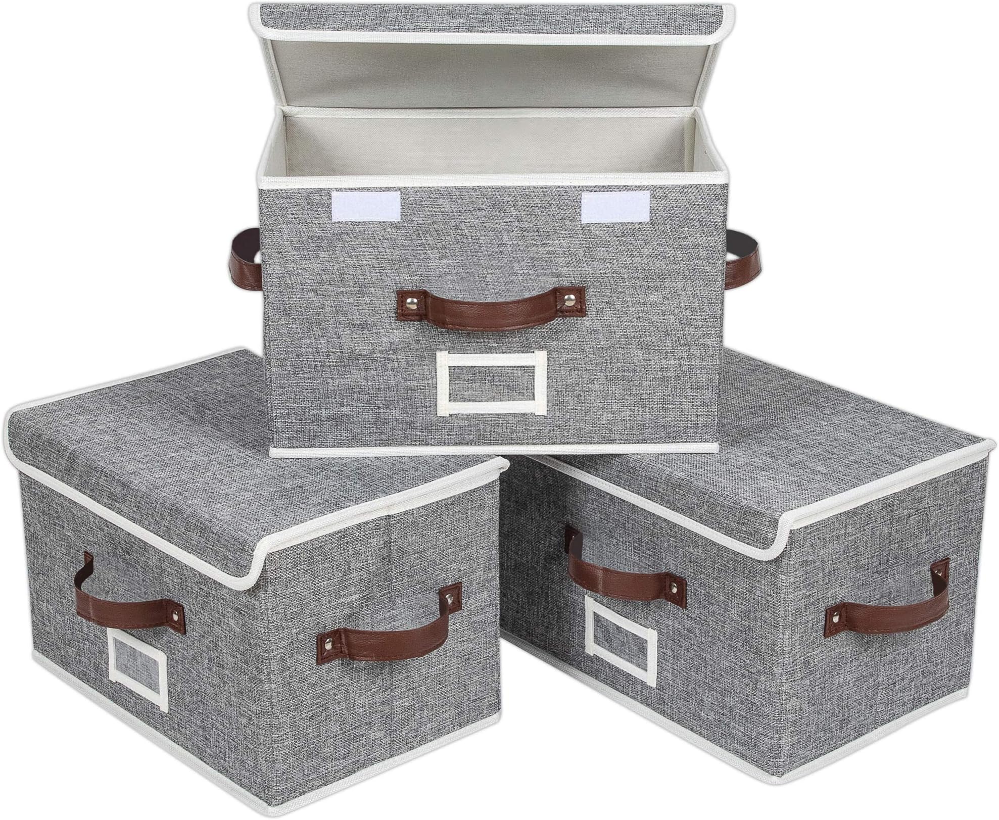 Sofier Storage Boxes with Lids 3 Pack Foldable Storage Bins with 3 Handles and Label Sturdy Decorative Fabric Baskets for Shelves Toys Books Clothes Organizer (Gray)