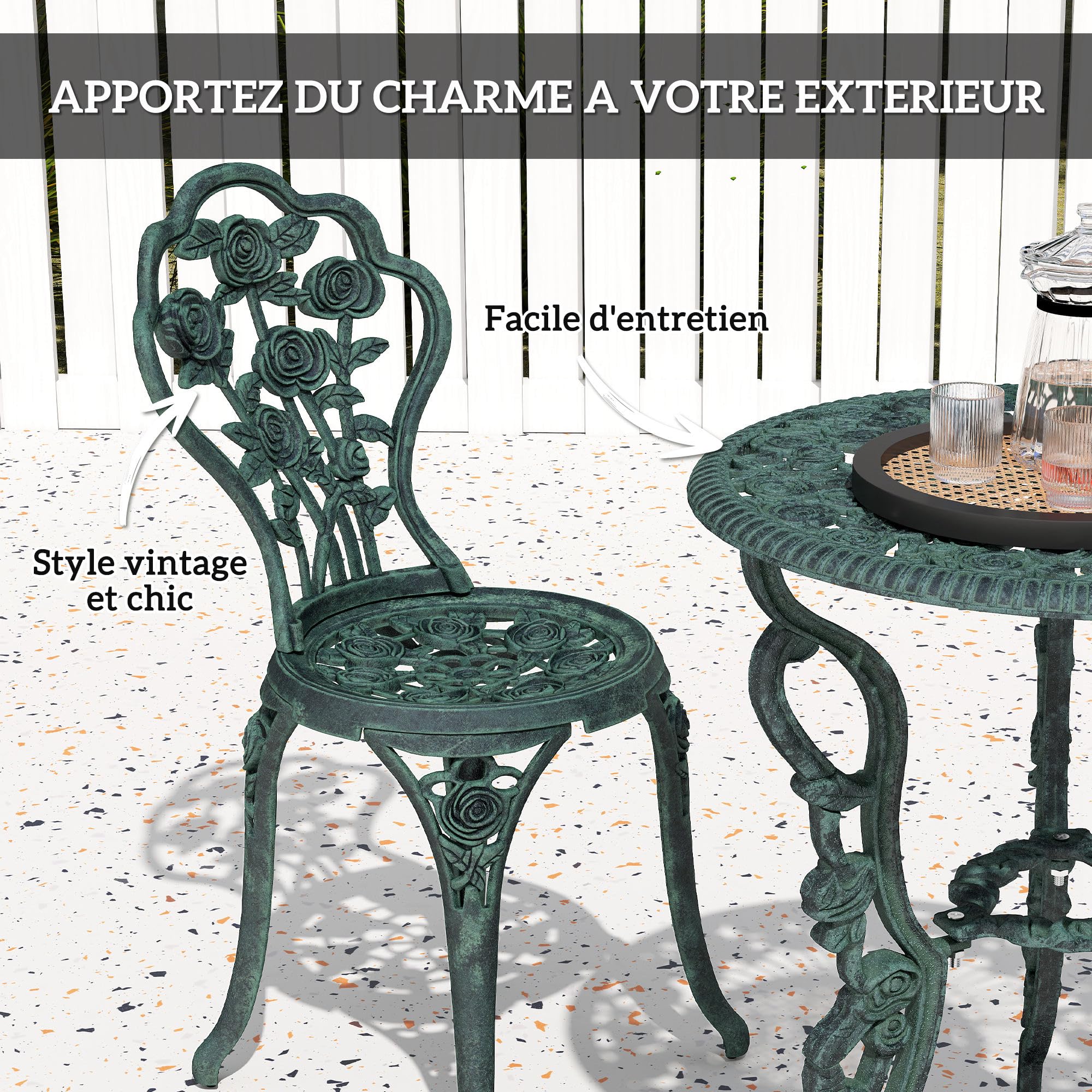 Outsunny Ensemble Salon de Jardin 2 Places Table Ronde Fonte d'Aluminium Vert Vieilli