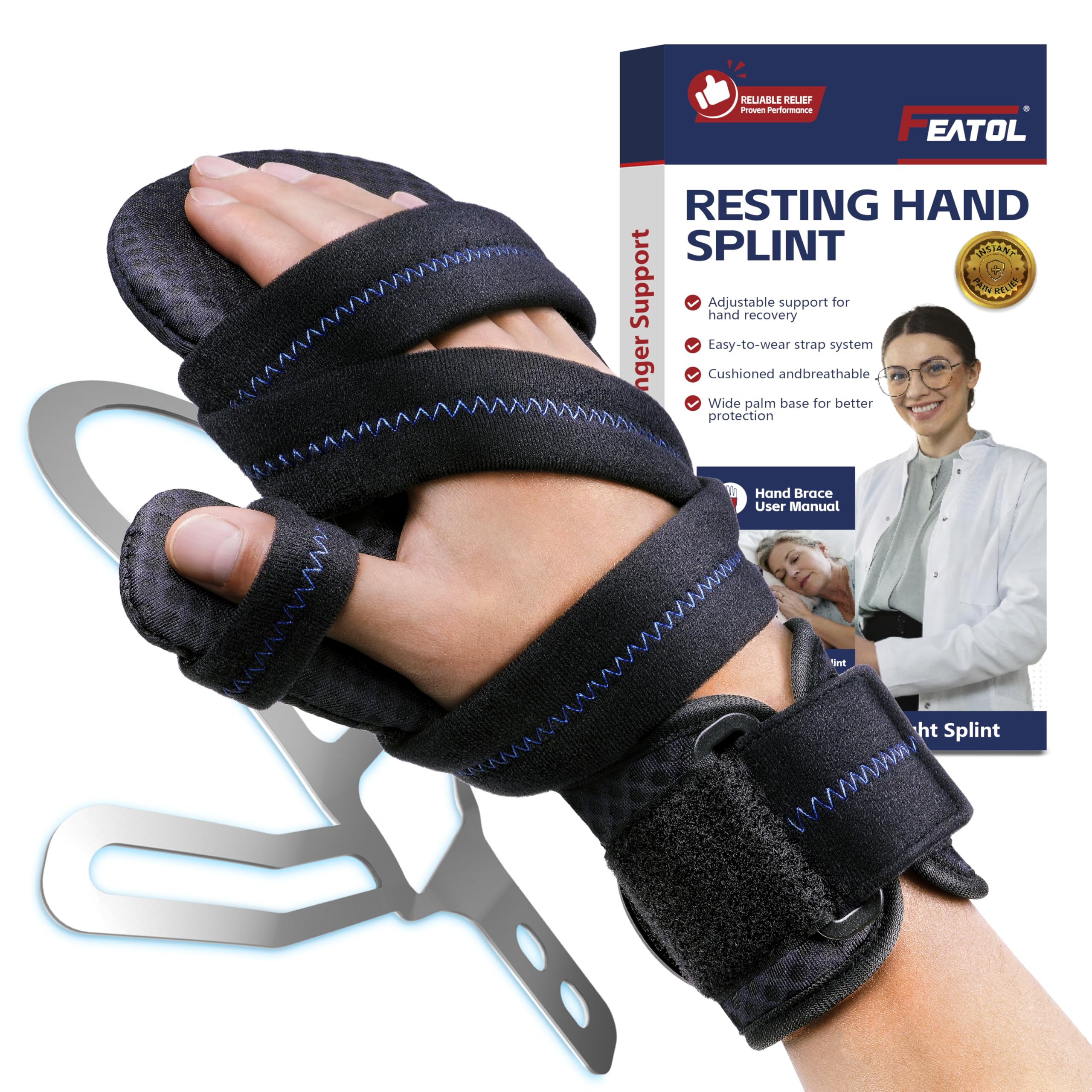 FEATOL Resting Hand Splint with Thumb Support for Men and Women, Adjustable Night Hand Brace Splint for Carpal Tunnel, Arthritis, Tendinitis, Stroke