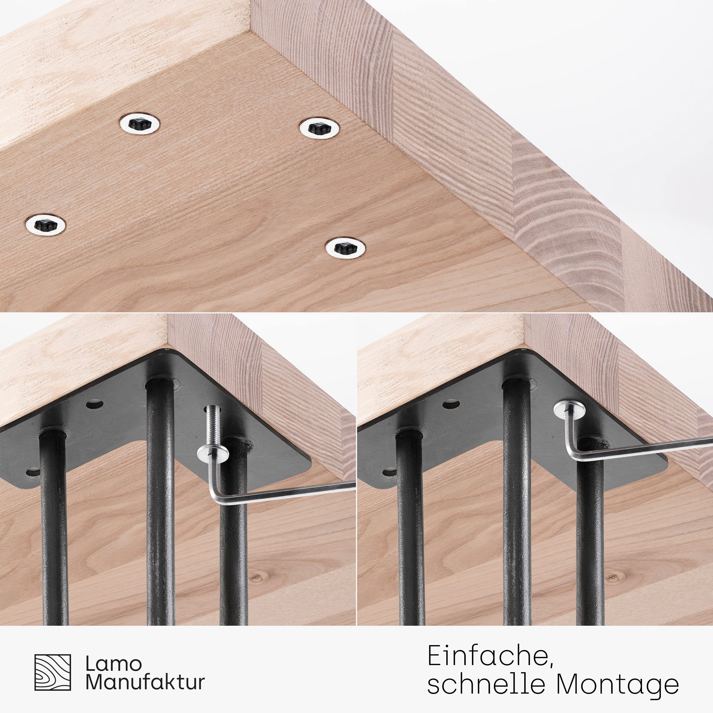 LAMO Manufaktur tavolino in legno con bordo dritto, tavolino da caffe, tavolo da cucina 60x60x76 cm (LxWxH), Creative, Frassino Oscuro/acciaio grezzo laccato, LBG-01-A-004-0000Cr