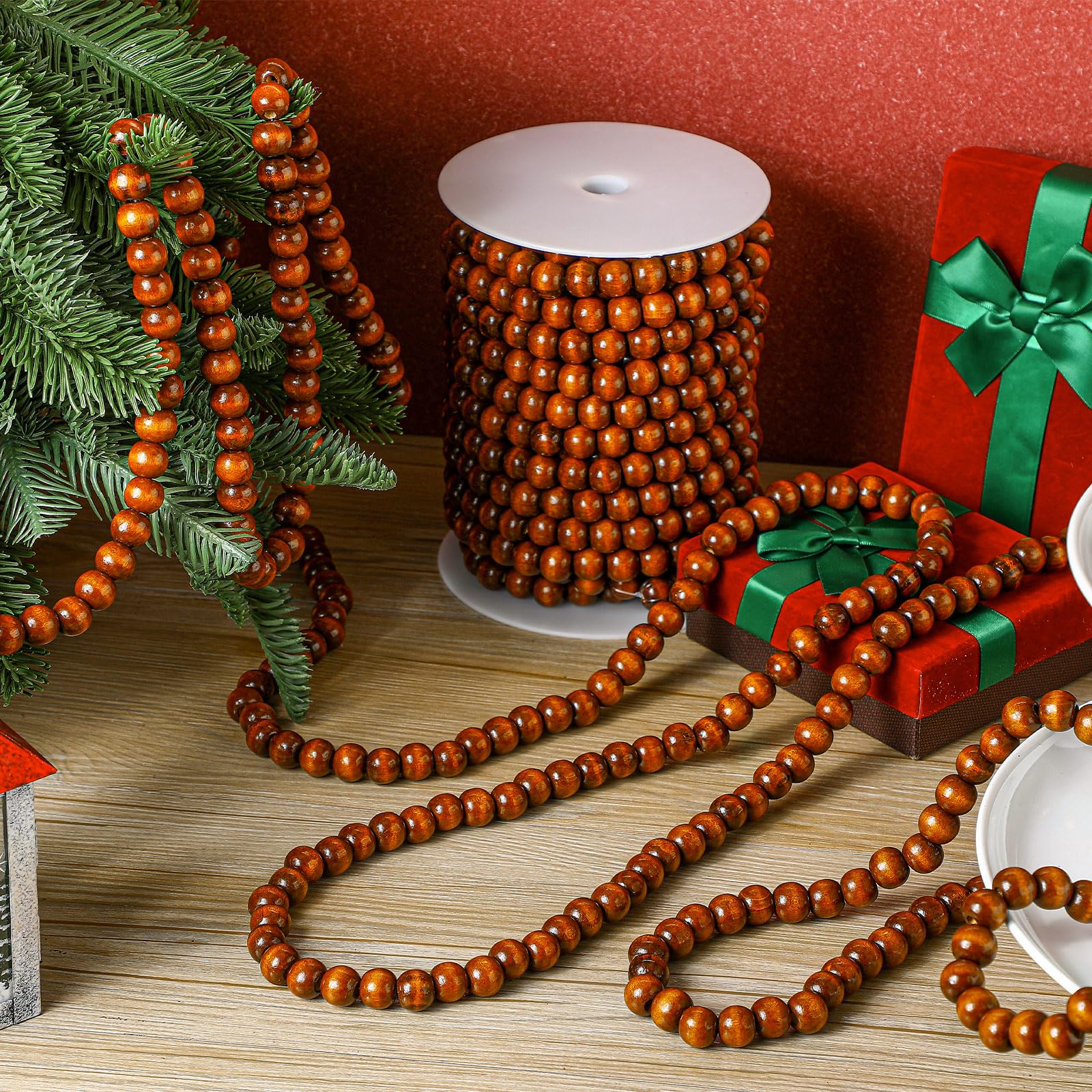 Giegxin Lot de 2 guirlandes de perles de Noël en bois marron de 20 m au total, décoration rustique pour sapin de Noël, plateau mural, guirlande de perles pour cadeaux de Noël