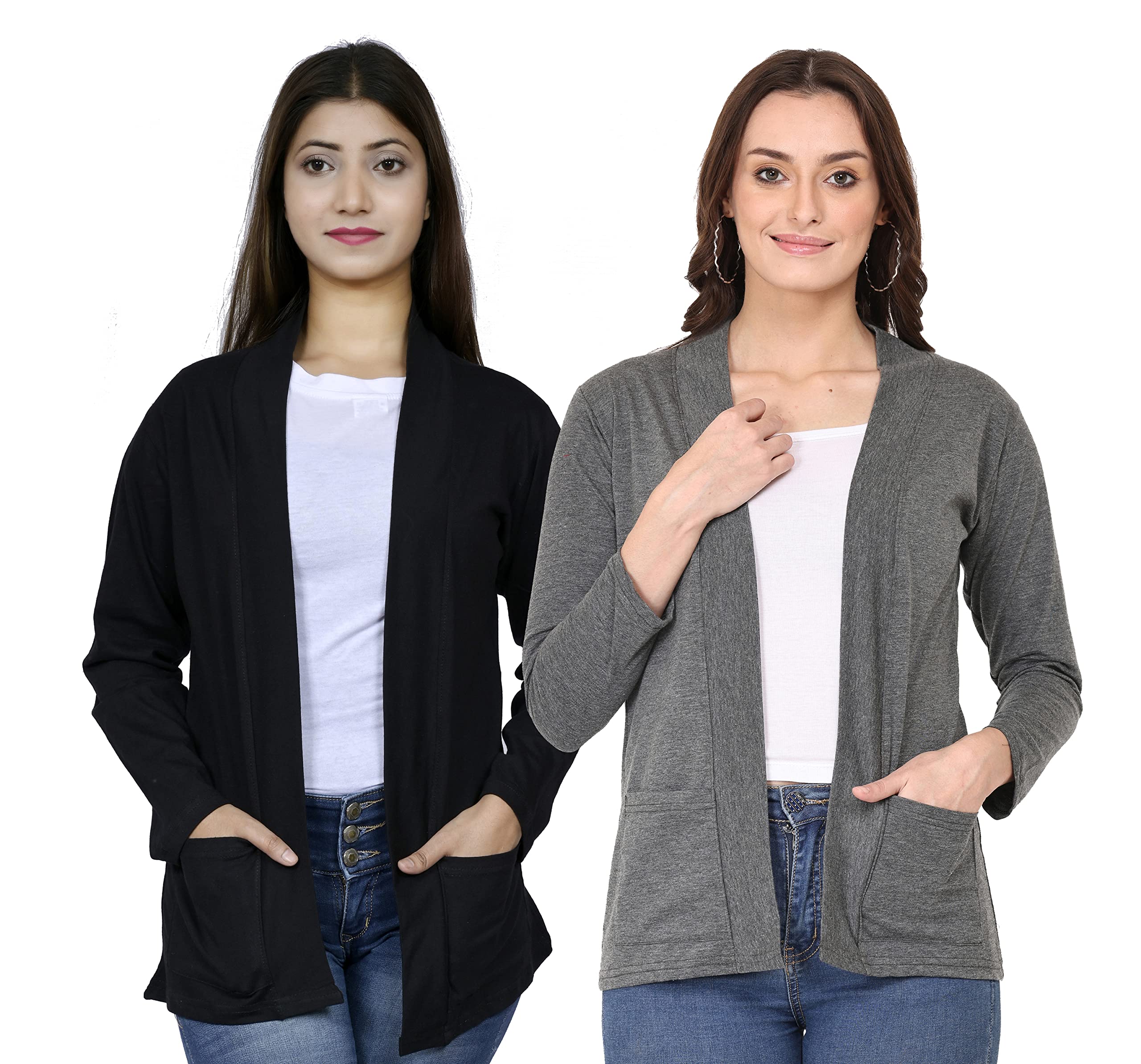 kg best collection Cotton Women Pocket Open Front Shrug Pack of Two(Black,Darkgrey), XL-picture-20