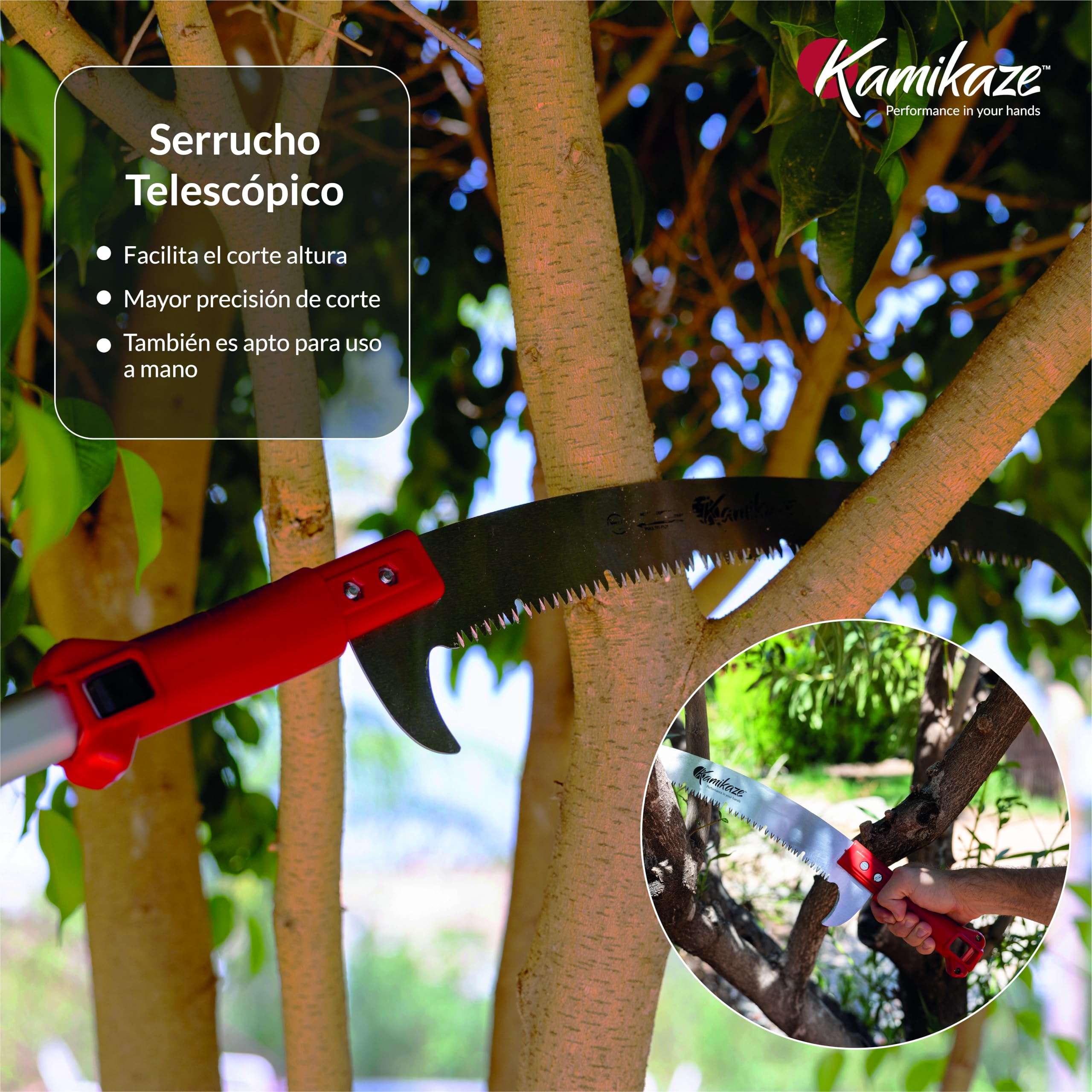 Kamikaze Kit de poda en altura 3 en 1 con pértiga telescópica 6m (3 tramos de 2m), tijera bypass MT-63 y serrucho MT-330 intercambiables, cabezal giratorio 200º, corte ramas hasta 80mm, hoja SK5