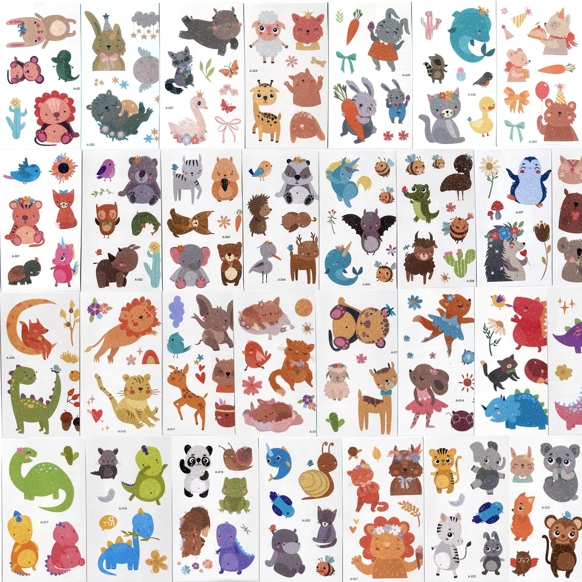 Esland Glitter Animal Temporary Tattoos for Kids, 30 Sheets Cute Wild Animals Fake Tattoo Stickers