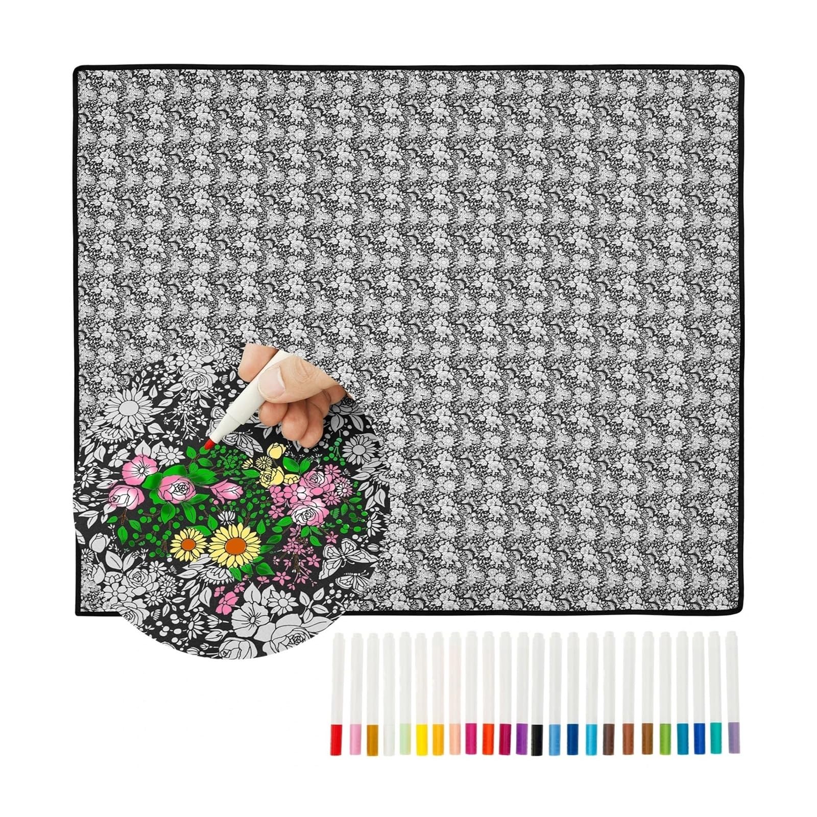 Ozzyr DIY Coloring Blanket with 24 Colored Markers Creative(Flower)