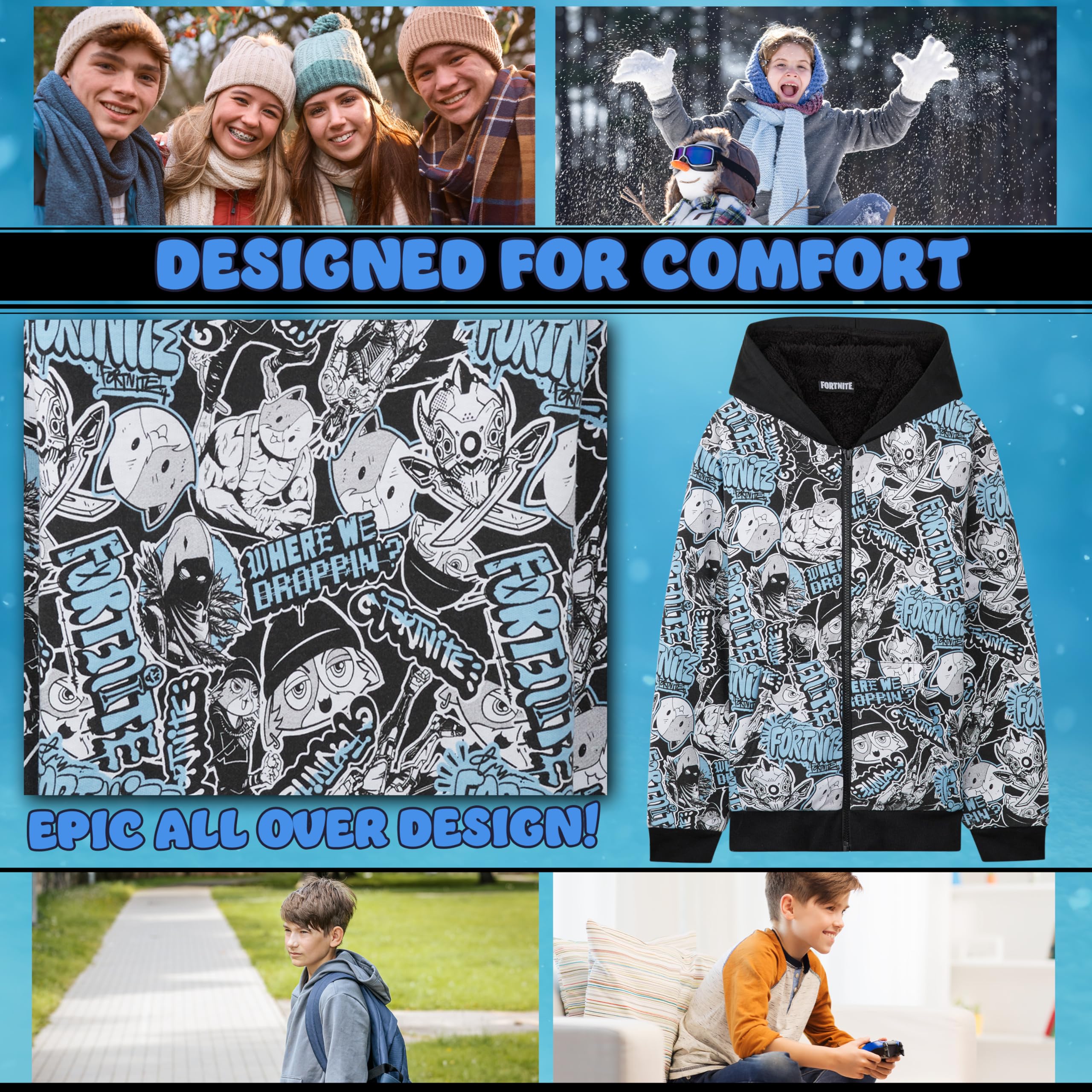 Fortnite Sweat a Capuche Garçon et Ado 7-16 Ans, Sweat Zippé Polaire, Chaud Sweatshirt, Hoodie Gaming Cosy, Idée Cadeau Gamer