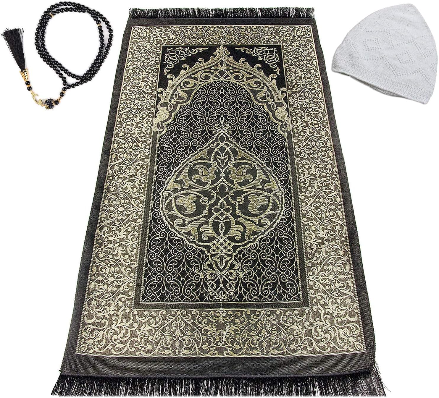 JILANI HANDICRAFTJILANI HANDICRAFT - Muslim Prayer Rug - Prayer Mat Muslim for Men and Women - Perfect Ramadan Gifts - Kufi Hat - Special Turkish Design Portable Prayer Mat, Prayer Beads and Prayer Cap (Black)