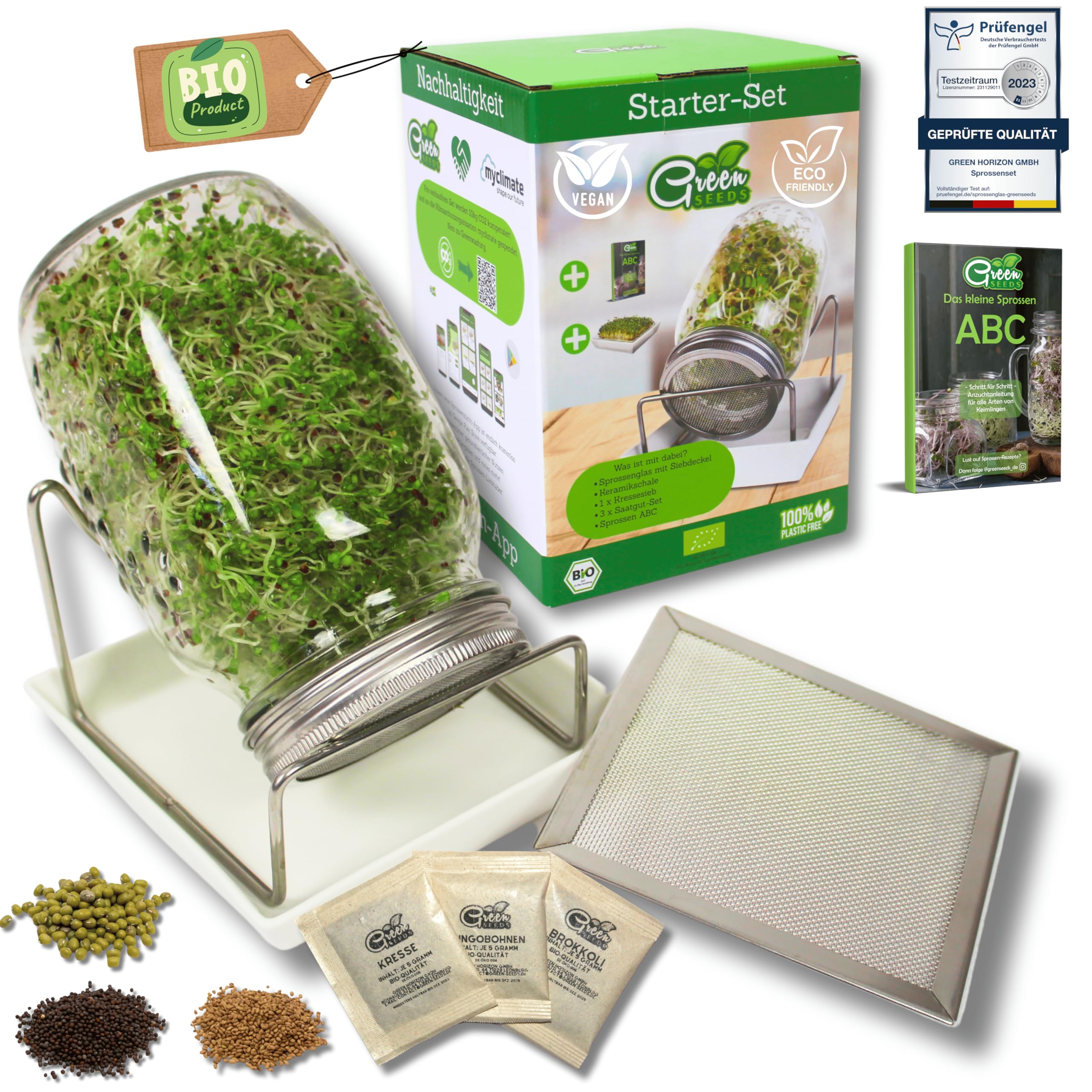 Green SEEDS Oryginalny zestaw startowy ze słoikiem ze szczebelkami + sitkiem do kiełkowania | 1000 ml z wysokiej jakości pokrywą z siatki ze stali nierdzewnej, stojakiem, miską ceramiczną + ABC