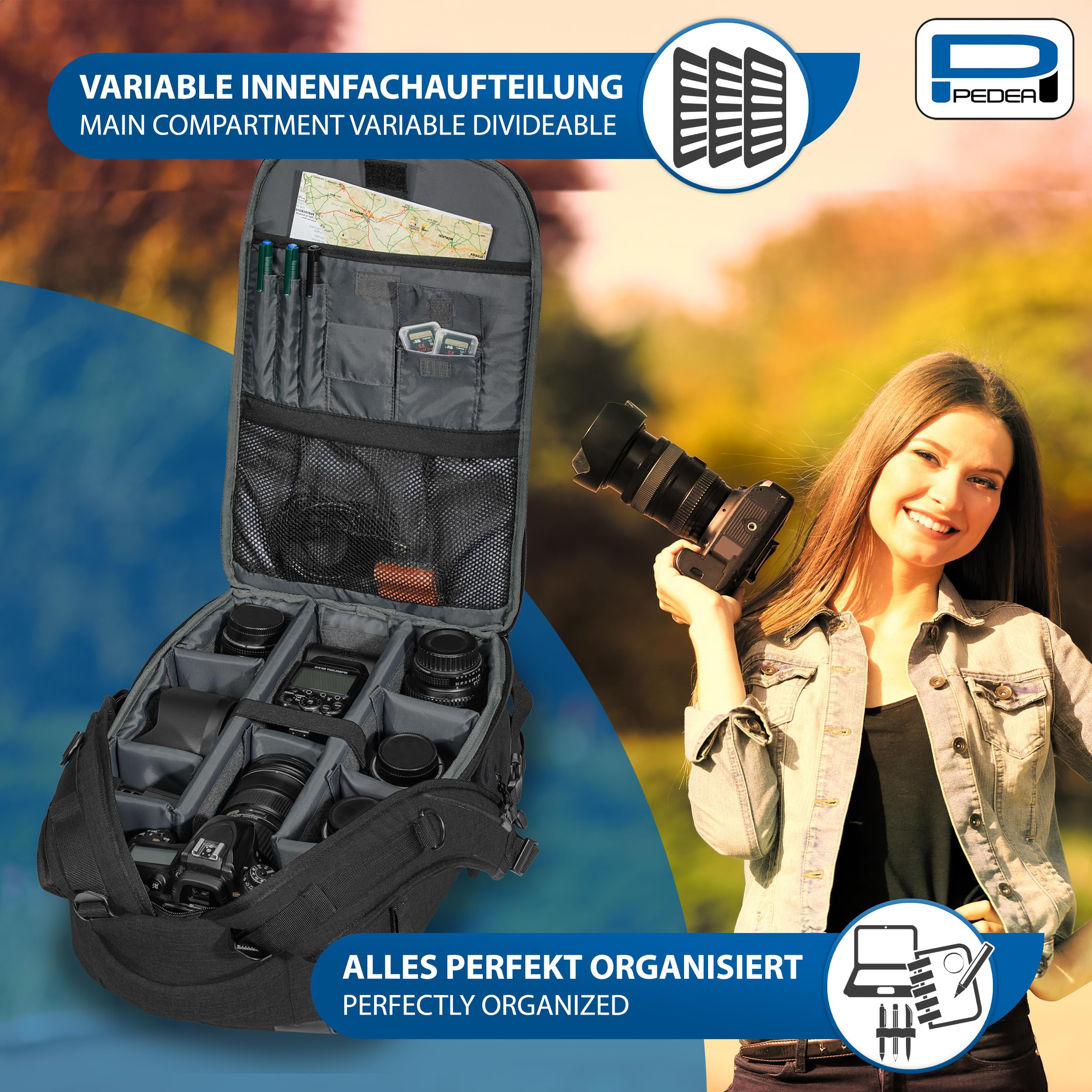 Pedea DSLR-Kamerarucksack Fashion Fotorucksack für Spiegelreflexkameras mit wasserdichtem Regenschutz und Variabler Inneneinteilung (Rucksack, schwarz)