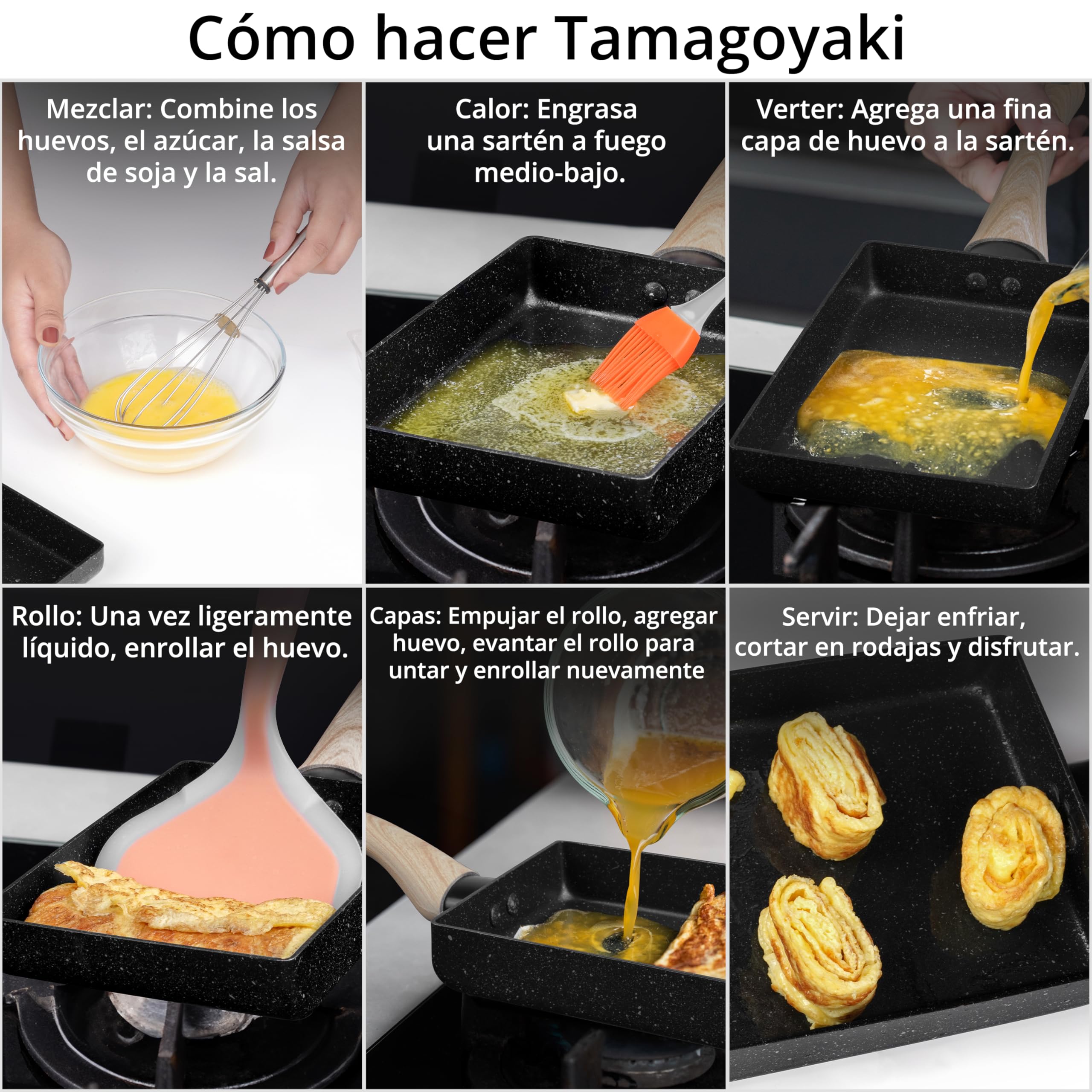 Winter Shore Juego de Sartén Tortilla Japonesa - Sarten Antiadherente Rectangular para Tamagoyaki con Mango de Madera - Incluye Plato, Cepillo para Aceite, Espátula, Palillos - Utensilios de Cocina