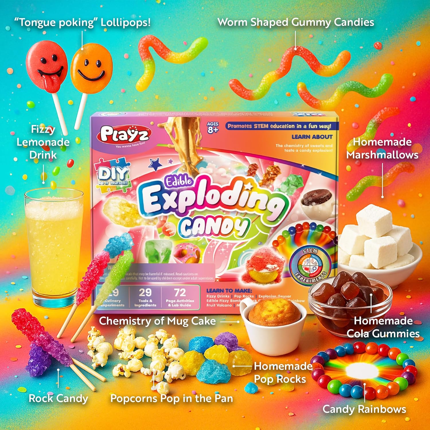 Playz Edible Exploding Candy Making Science Kit for Kids Ages 8-12 Years Old - Food Science Chemistry Kid Science Kit with 29 Experiments, Educational Science Kits for Boy & Girls