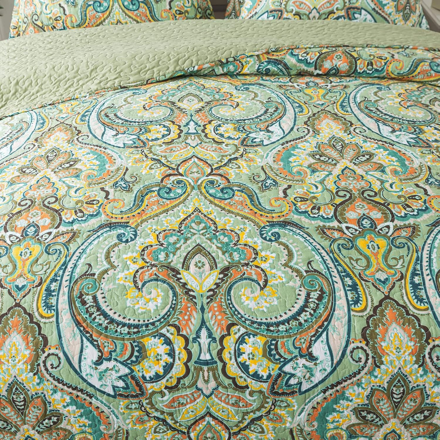 NEWLAKE Cotton Bedspread Quilt Sets - Reversible Patchwork Coverlet Set, European Green Floral Pattern, California King Size - Image 4