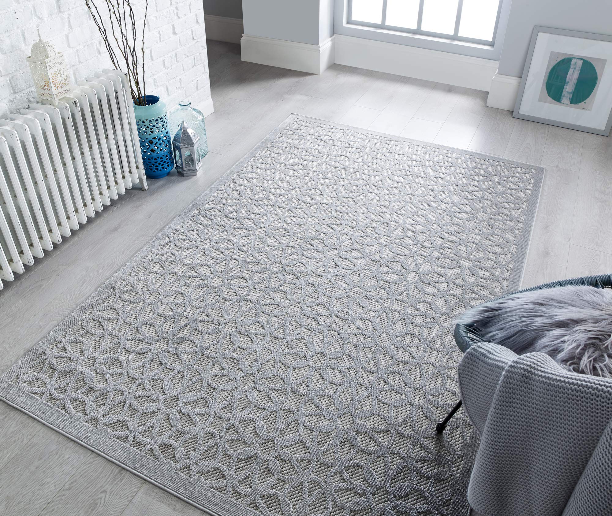 Lord of Rugs Jazz Indoor Outdoor Rug for Modern Garden Patio Kitchen Bedroom Balcony Living Room Conservatory Trellis Carpet Quality Cosy Flatweave Area Rug Argento Silver Small 80x150 cm (2'6"x5')