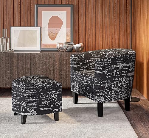 Miniatura 42 de Silla Belleze Accent Club con brazos redondos modernos y elegantes, con otomana, con espalda curvada, impresión francesa, de lino y piel sintética,