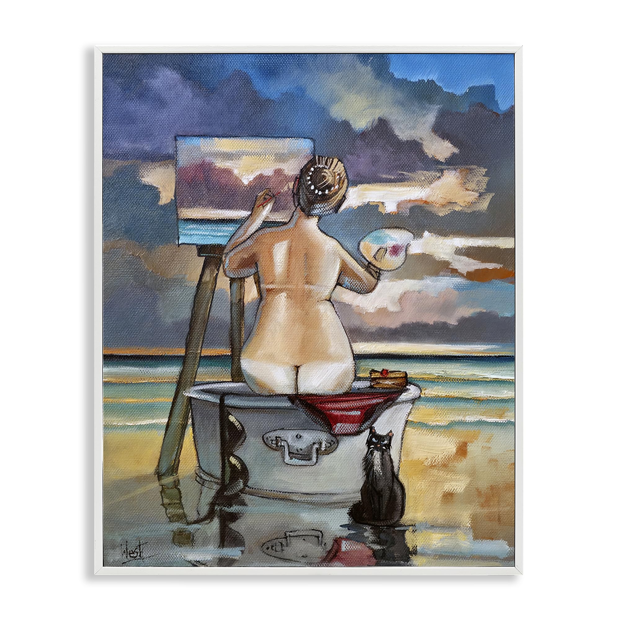 Stupell Industries Coastal White (Textured) Painter Cat Seascape Sunset, 16 X 20 Inch Framed Giclée Print