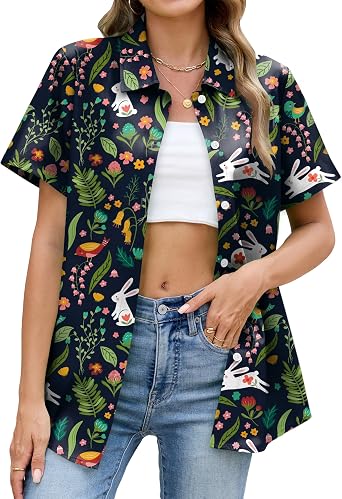 Easter Shirts for Women Easter Bunny Shirt Funny Rabbit Graphic Festival Party Short Sleeve Button Up Tops