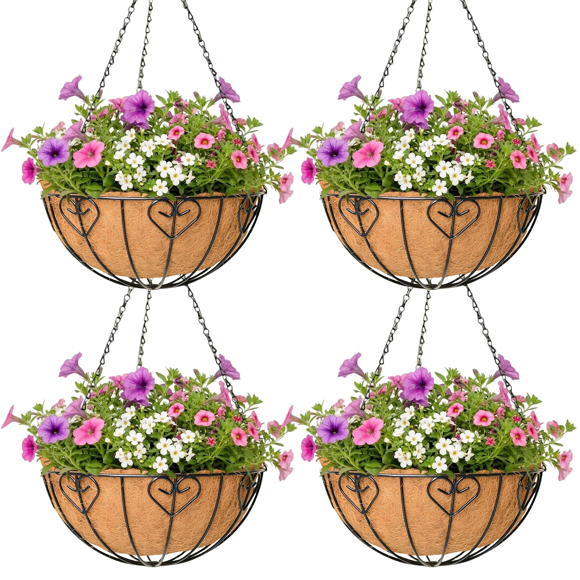 4 Pack Hanging Planter for Outdoor Plants 14 inch Metal Hanging Flower Basket with Coco Coir Liner Round Wire Plant Holder Chain Flower Pots Outdoor