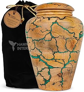 Wooden Cremation Urn for Human Ashes Adult – Premium Handcrafted Funeral Urn Box for Burial, Funeral & Home Memorial | Durable Keepsake Urn with Green Resin Accent