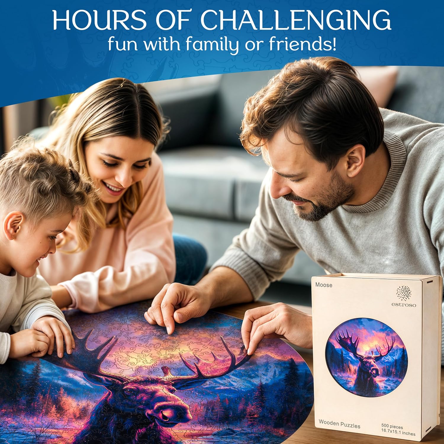 ESTROSO Magical Wooden Puzzle for Adults with Beautiful Moose Animal Design - 500 Piece Each Luxury Unique Shape Wooden Puzzle with Exquisite Wooden Box for Gift - 16.7x15.1 Inch