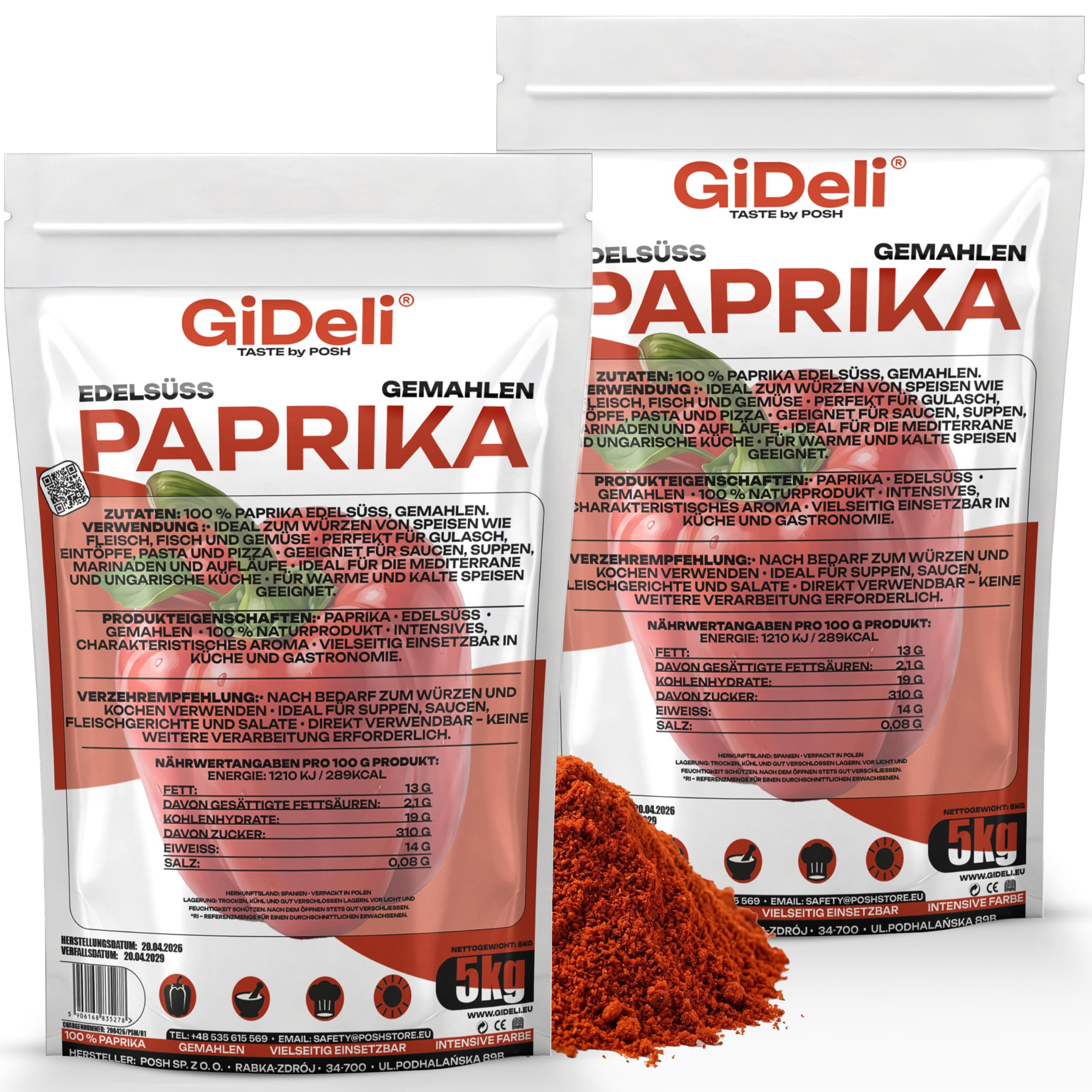 GiDeli Paprika Edelsüß Gemahlen 2x5kg - 100% Paprika ohne Zusätze - Vegan & Glutenfrei - Spanisches Paprikapulver & Pimentón - Mildes Aroma - Rotes Gewürzpulver - Ideal für Gulasch & Pasta