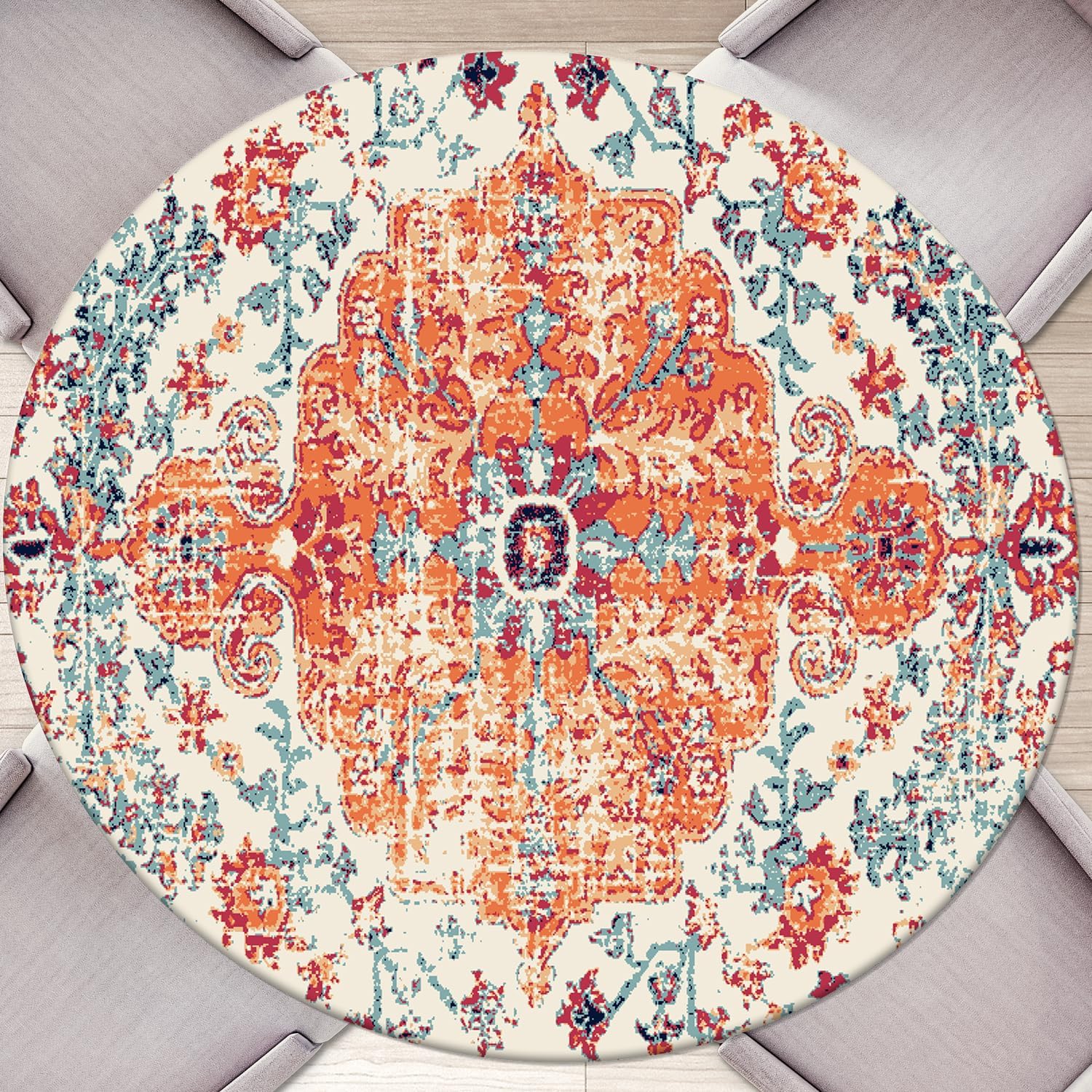 Ethnic Boho Round Fitted Tablecloth with Elastic Round Outdoor Tablecloth Round Elastic Tablecloth for Round Tables Waterproof Wipeable Tablecloth for Picnic,Camping,Dinner (Orange, M-(45''-54''))