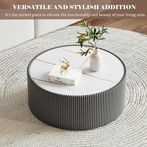 Miniatura 63 de Mesa auxiliar redonda moderna, mesa auxiliar de sofá de mármol sintético con base cubierta de cuero sintético en forma de cuenco, mesa auxiliar