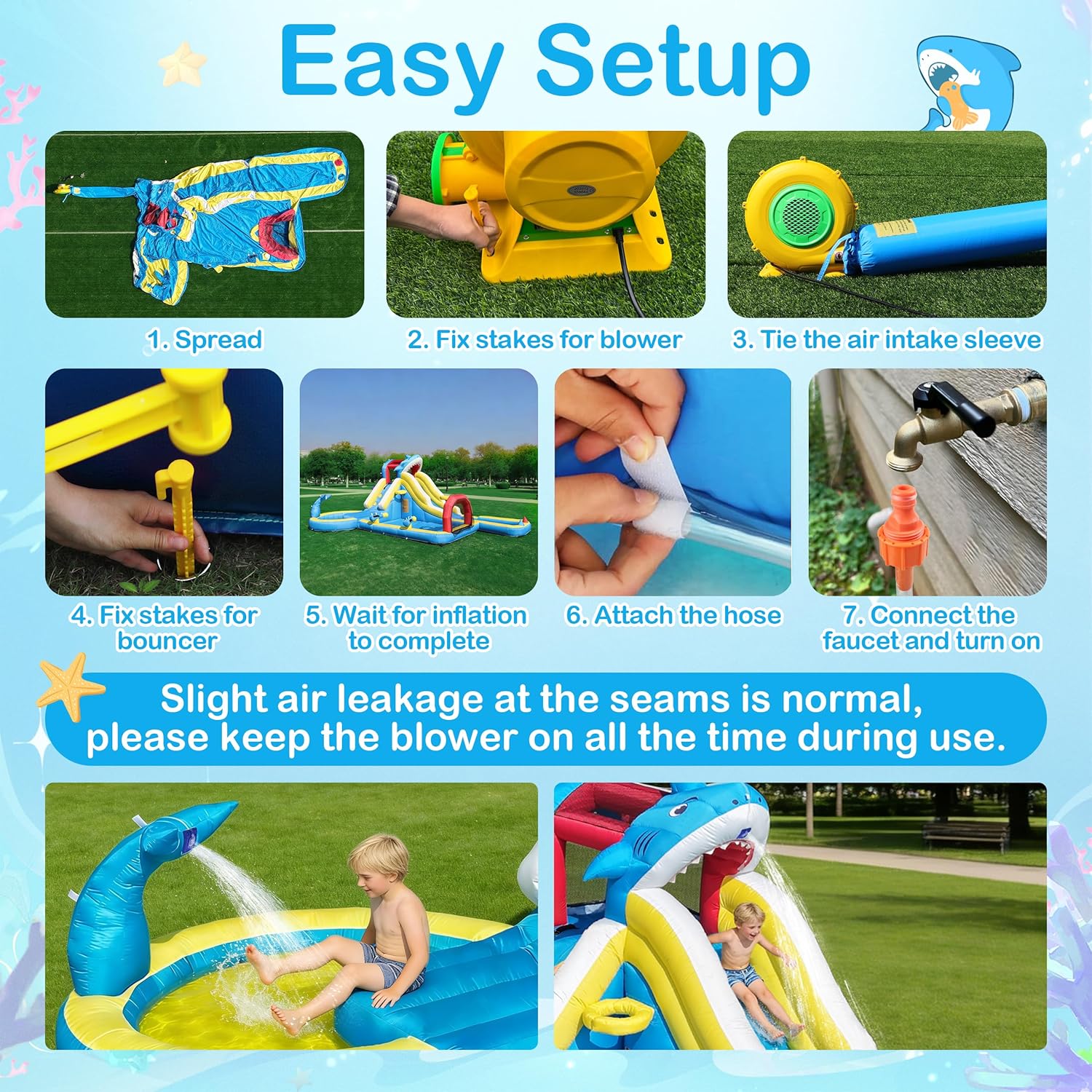 TOAOB Inflatable Water Slide for Kids 3-12: Blow Up Backyard Water Park with 480W Blower- 9 in 1 Shark-Themed with Long Slides Soccer Goal for Outdoor Birthday Party